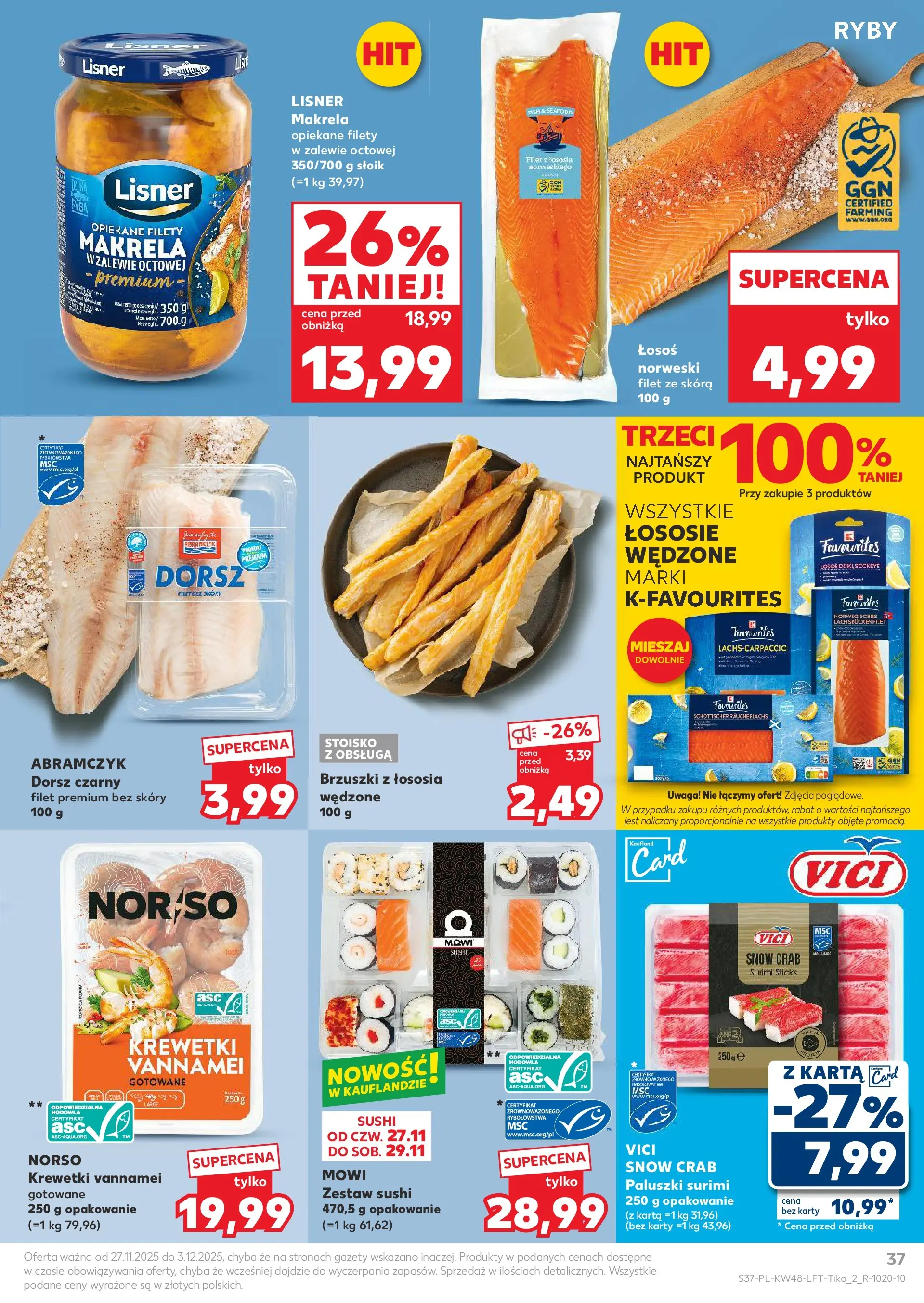 Kaufland gazetka od 27.11.2025 - od jutra PDF | Strona: 37 | Produkty: Karta, Paluszki surimi, Dorsz czarny, Paluszki