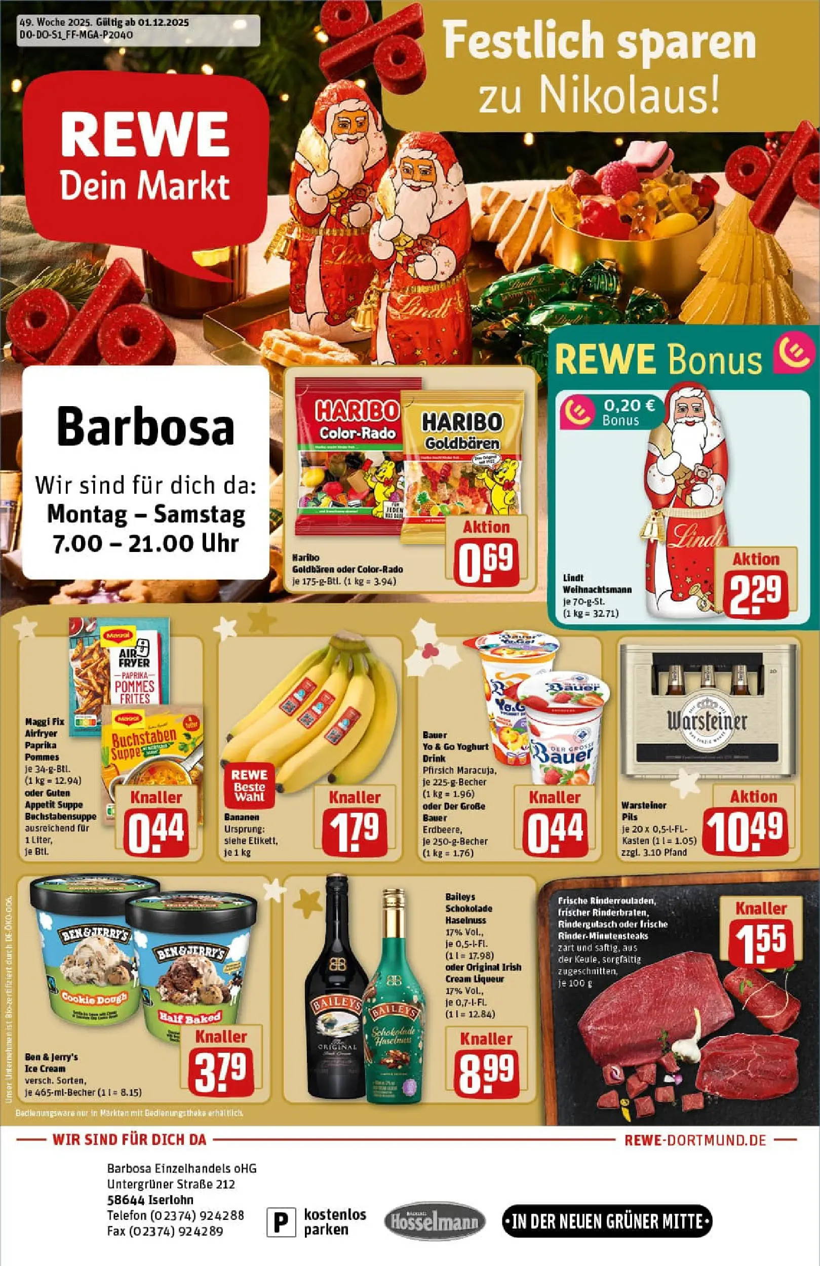 REWE Prospekt ab 01.12.2025 zum Blättern » Angebote | Seite: 1 | Produkte: Haribo, Pils, Bananen, Ben & Jerry's