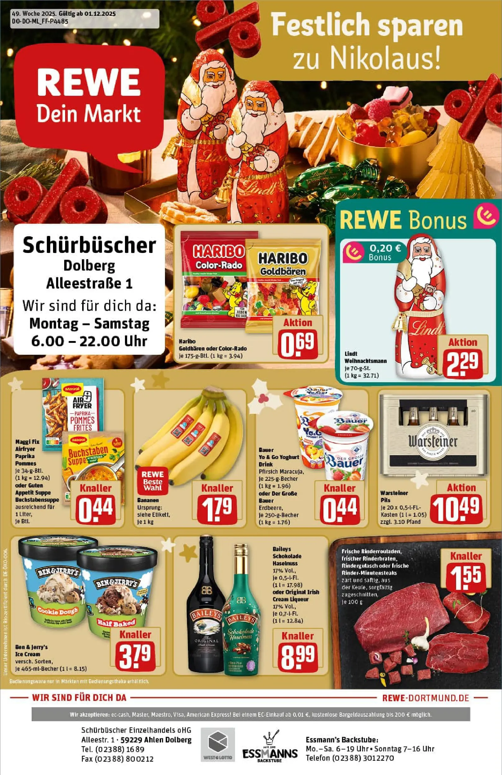 REWE Prospekt ab 01.12.2025 zum Blättern » Angebote | Seite: 1 | Produkte: Schokolade, Pommes, Maggi fix, Baileys