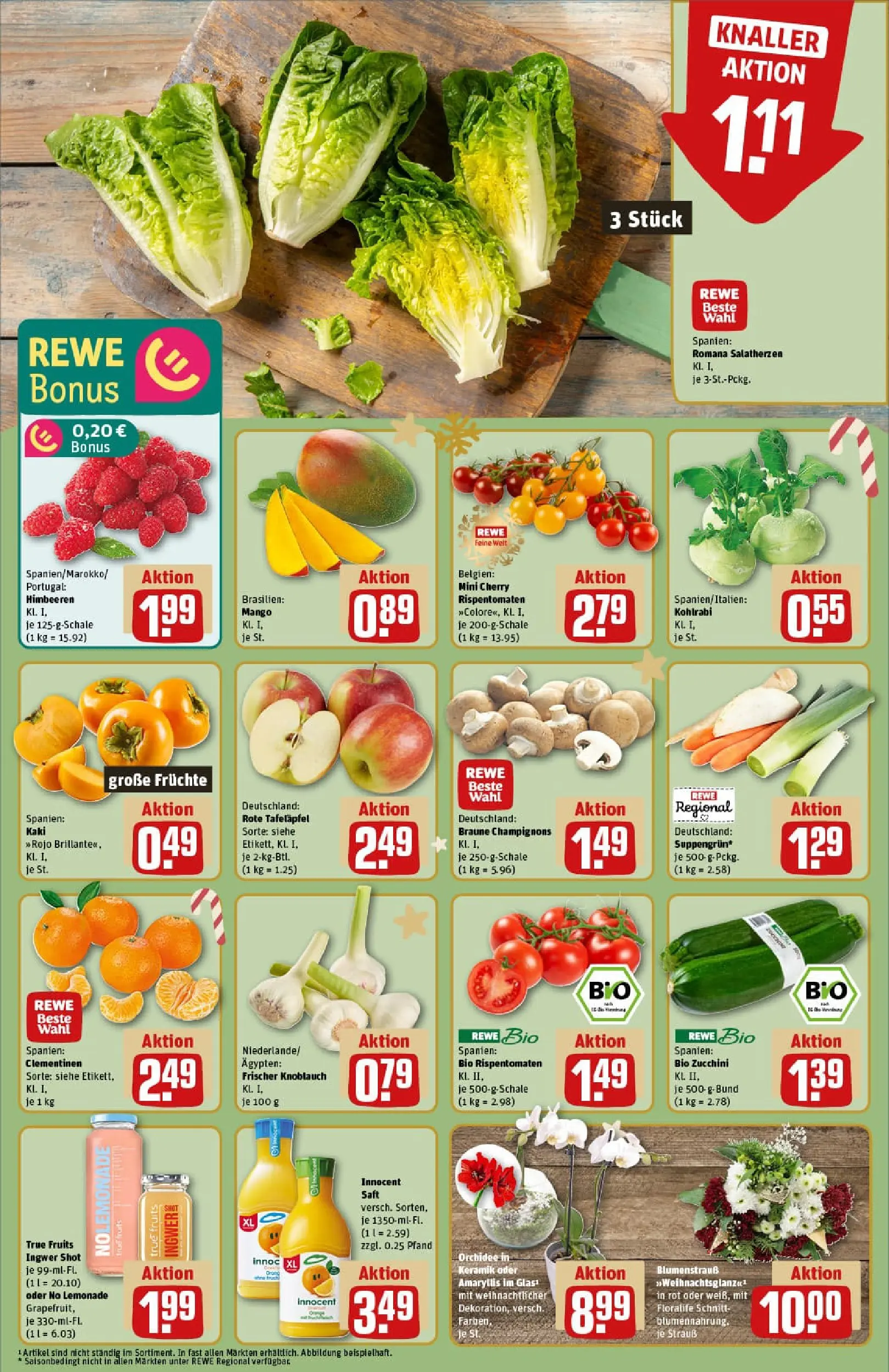 REWE Prospekt ab 01.12.2025 zum Blättern » Angebote | Seite: 10 | Produkte: Champignons, Mango, Saft, Zucchini