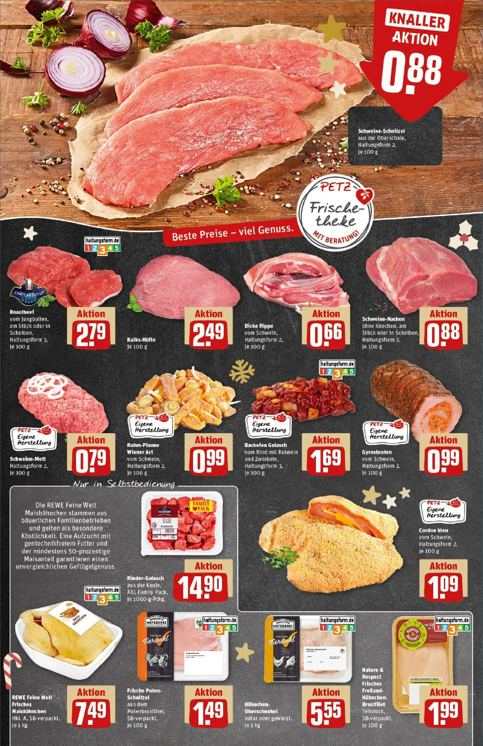 REWE Prospekt ab 01.12.2025 zum Blättern » Angebote | Seite: 8 | Produkte: Rindergulasch, Theke, Rotwein, Schnitzel