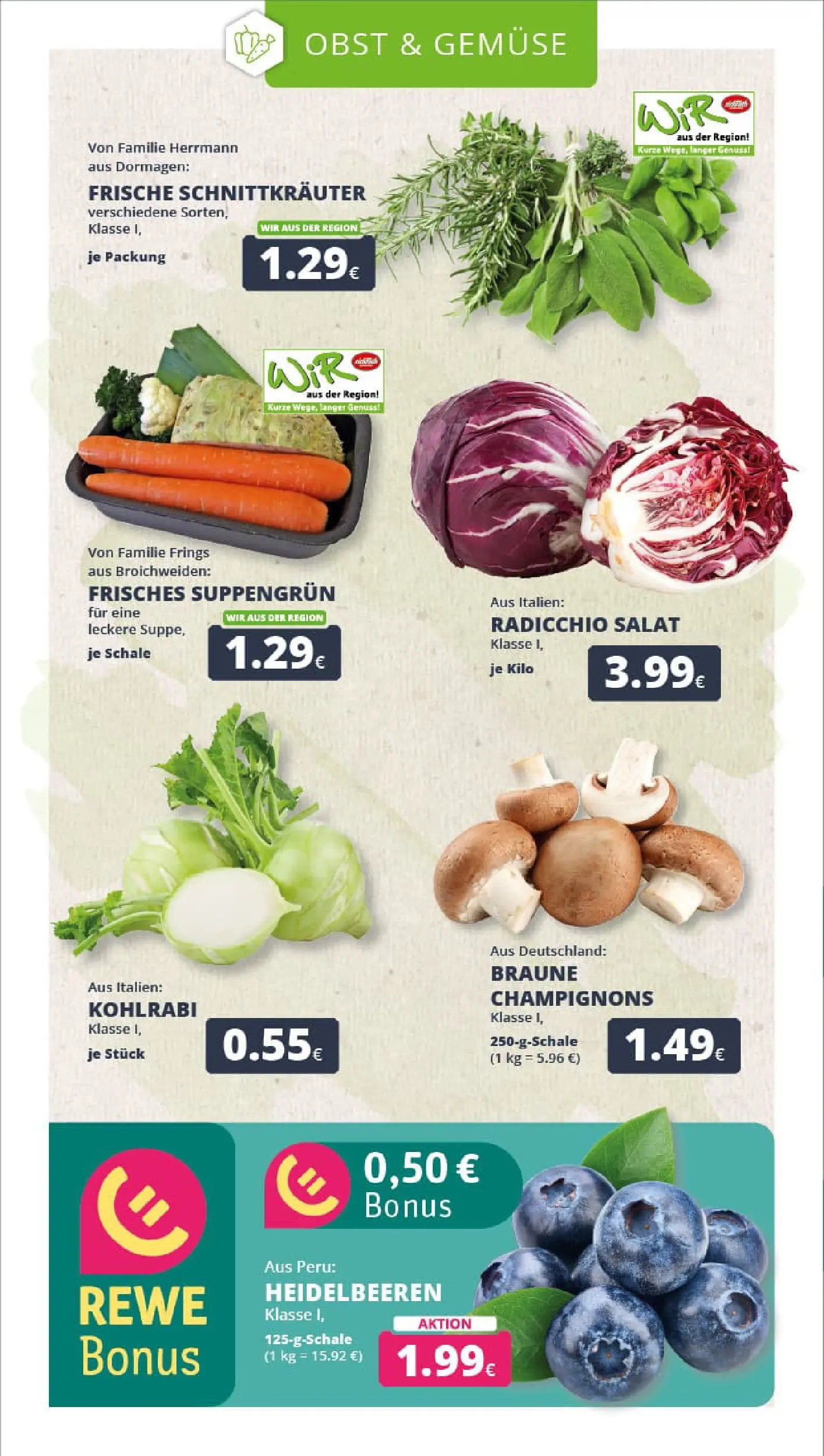 REWE Prospekt ab 01.12.2025 zum Blättern » Angebote | Seite: 9 | Produkte: Heidelbeeren, Champignons, Gemüse, Obst