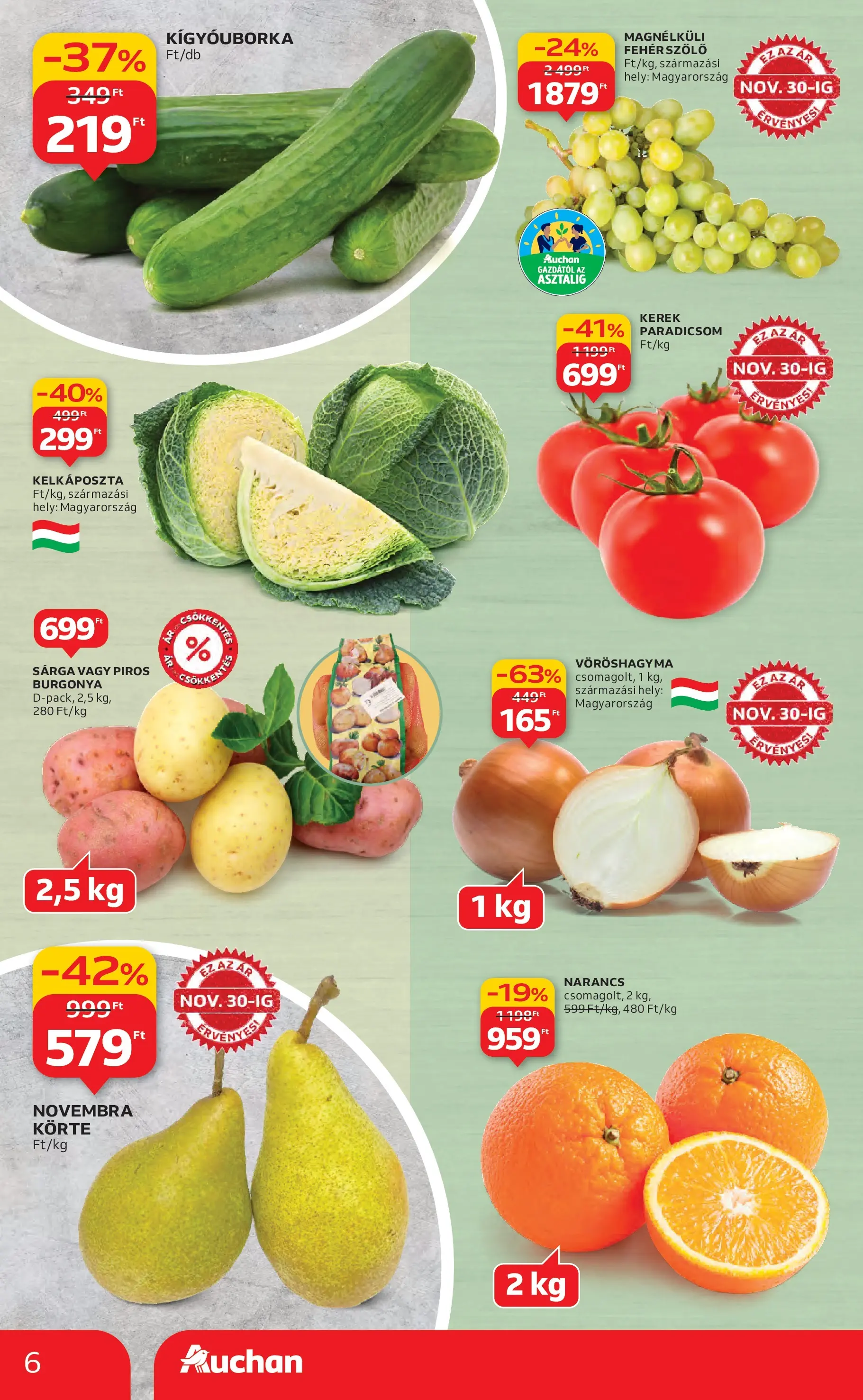 Auchan Akciós újság Székesfehérvár - 2025.11.27. -tól/töl > akció, lapozható szórólap 🛍️ | Oldal: 6 | Termékek: Kígyóuborka, Vöröshagyma, Narancs, Paradicsom