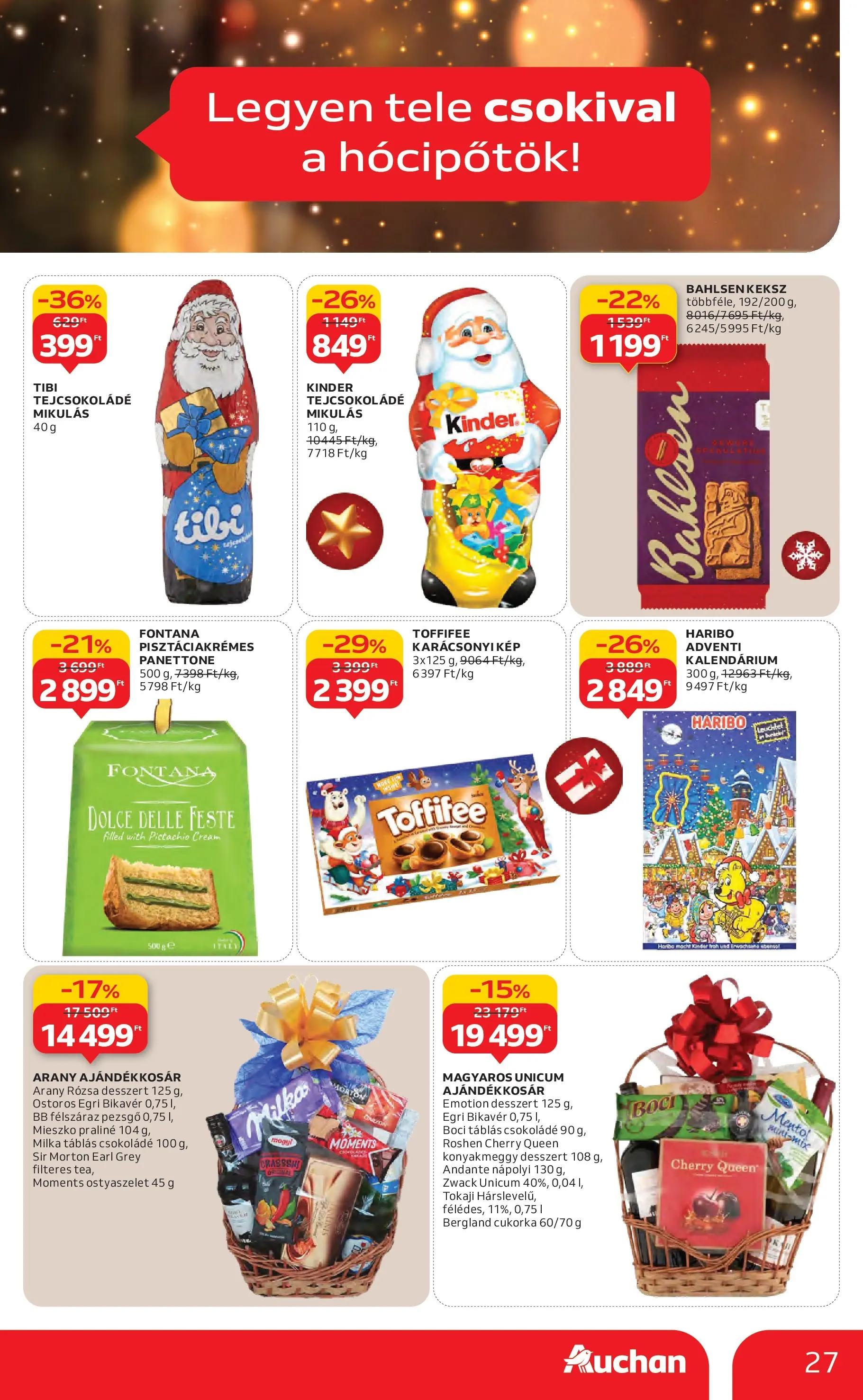 Auchan Akciós újság Székesfehérvár - 2025.11.27. -tól/töl > akció, lapozható szórólap 🛍️ | Oldal: 27 | Termékek: Ostyaszelet, Pezsgő, Praliné, Cukorka
