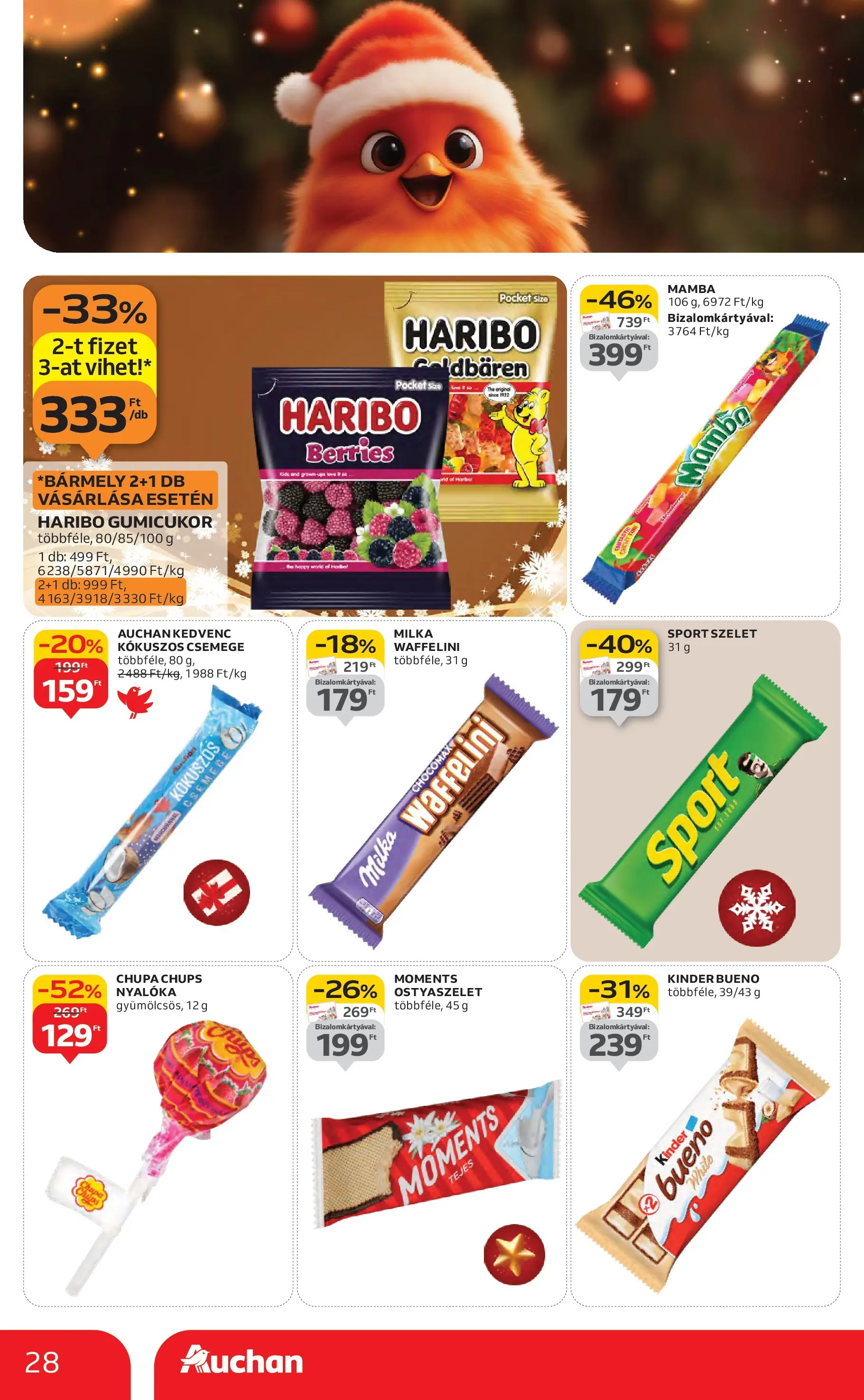 Auchan Akciós újság Székesfehérvár - 2025.11.27. -tól/töl > akció, lapozható szórólap 🛍️ | Oldal: 28 | Termékek: Waffelini, Gumicukor, Nyalóka, Ostyaszelet