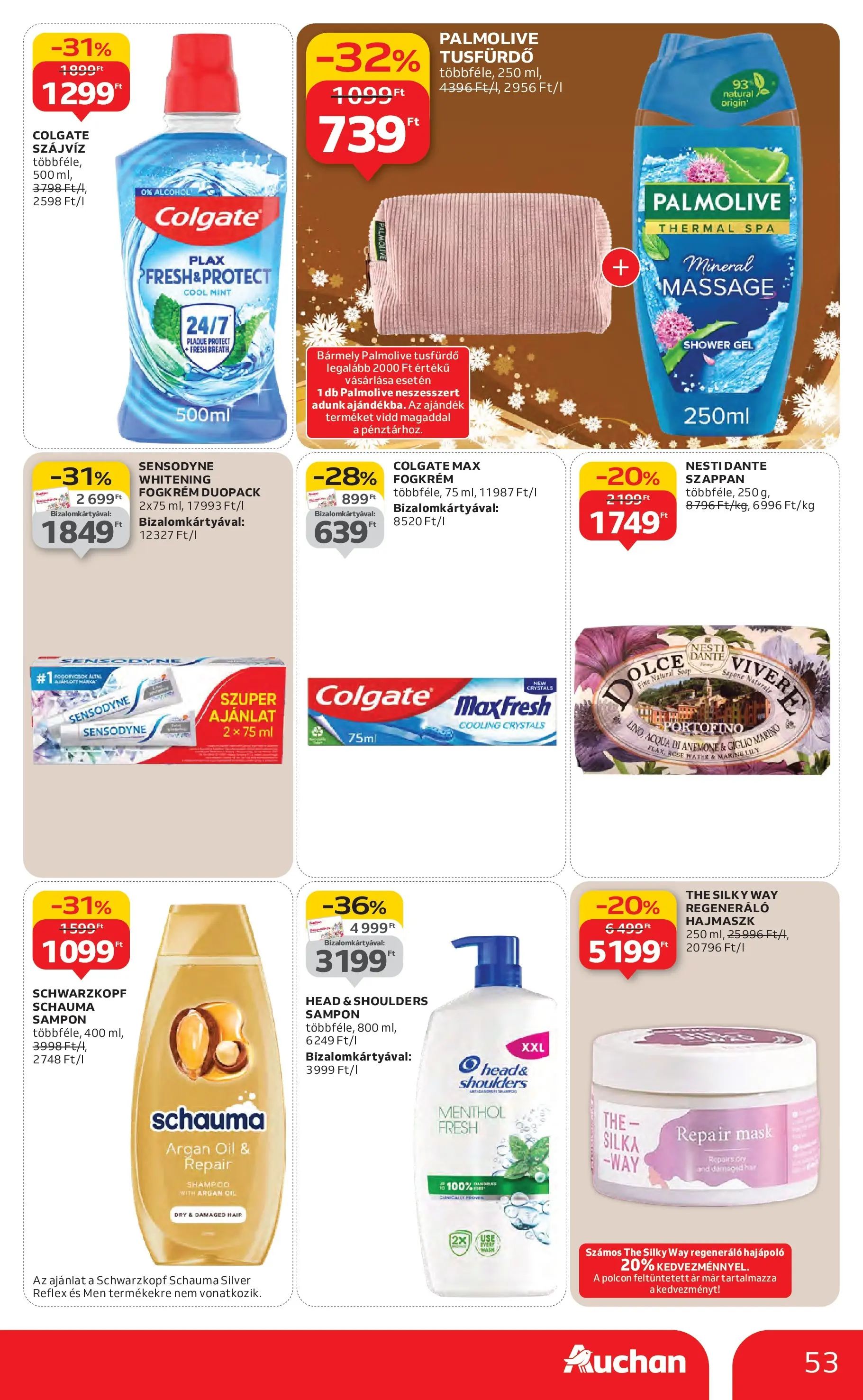 Auchan Akciós újság Székesfehérvár - 2025.11.27. -tól/töl > akció, lapozható szórólap 🛍️ | Oldal: 53 | Termékek: Sampon, Hajmaszk, Tusfürdő, Fogkrém