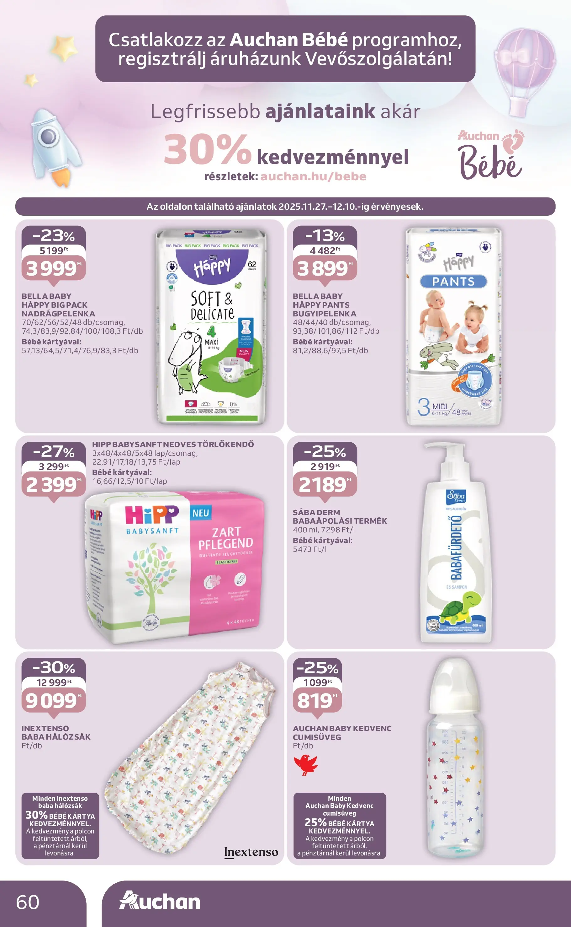 Auchan Akciós újság Székesfehérvár - 2025.11.27. -tól/töl > akció, lapozható szórólap 🛍️ | Oldal: 60 | Termékek: Törlőkendő, Nedves törlőkendő, Sampon, Hálózsák
