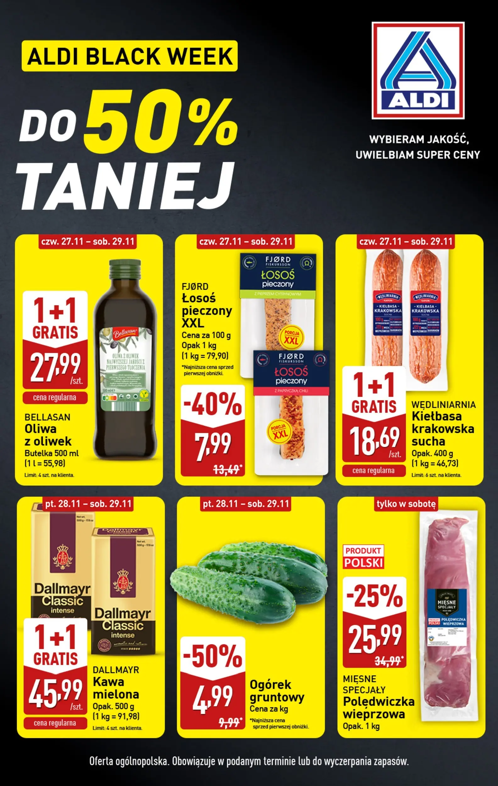 Aldi gazetka od 25.11.2025 | BLACK FRIDAY | Strona: 5 | Produkty: Kiełbasa, Łosoś, Kiełbasa krakowska, Kawa