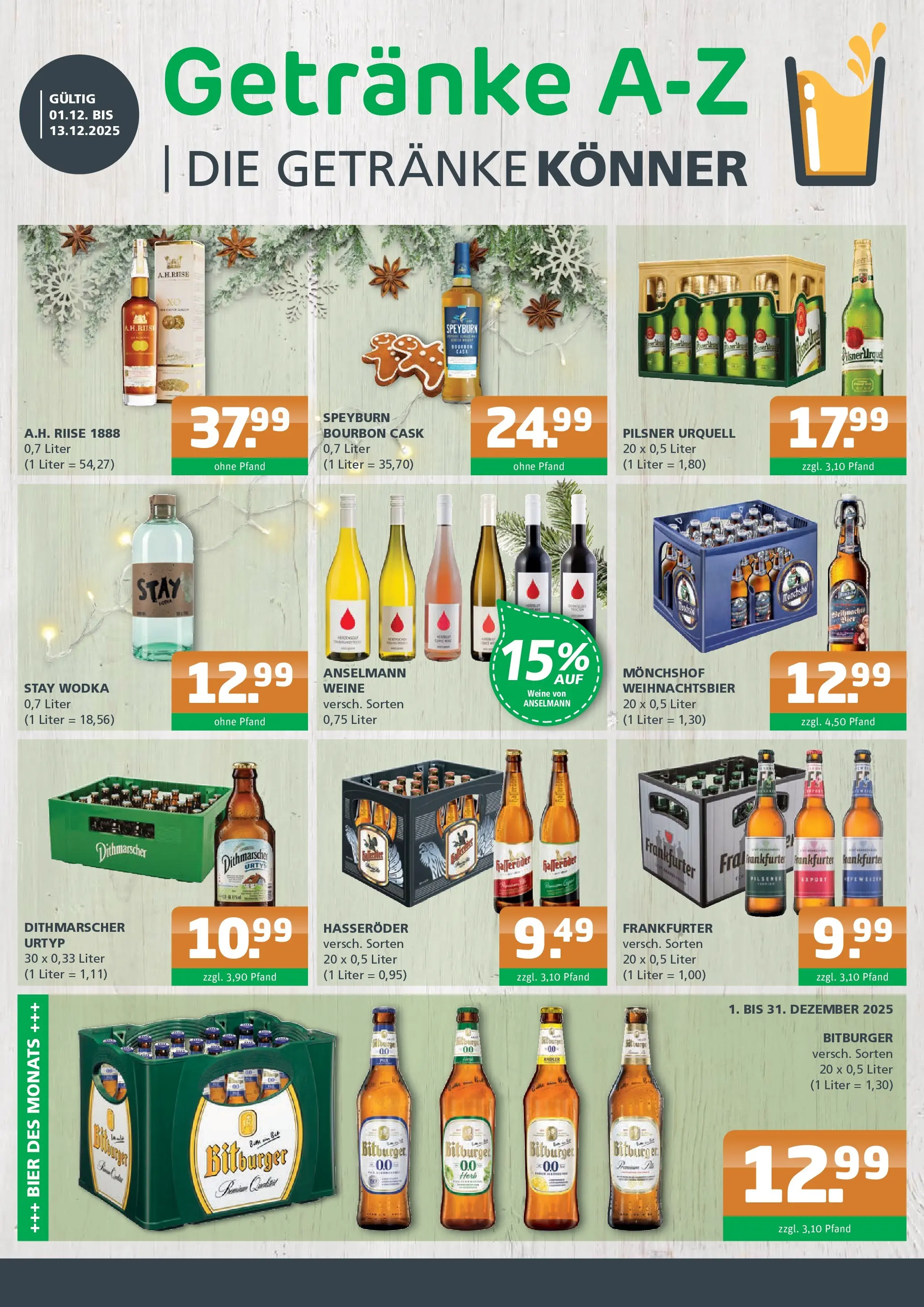 Entdecke - Getränke A-Z: Getränkeangebote (ab 30.11.2025) zum Blättern | Seite: 1 | Produkte: Bitburger, Monchshof, Pilsner urquell, Bourbon