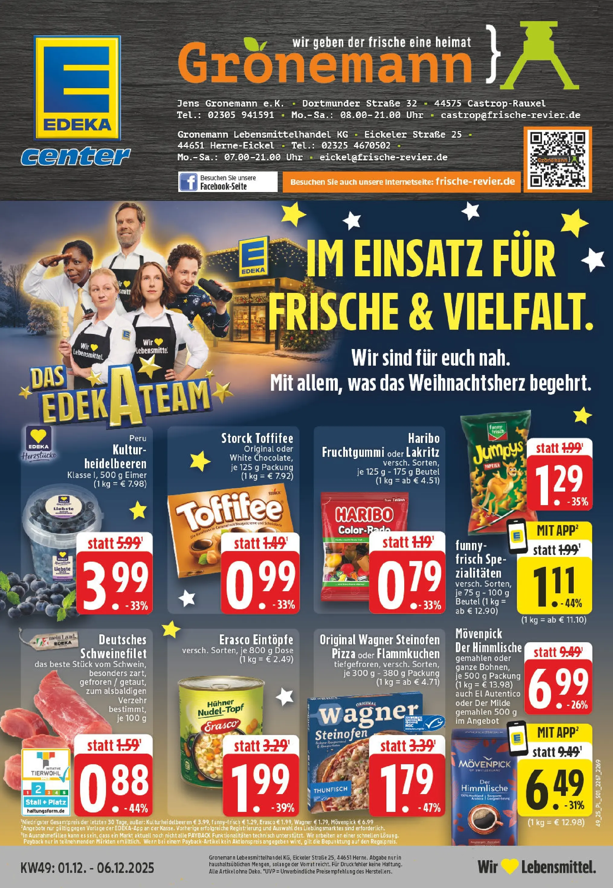 Edeka prospekt Castrop-Rauxel	 (ab 01.12.2025) » Angebote Online | Seite: 1 | Produkte: Heidelbeeren, Schweinefilet, Toffifee, Pizza