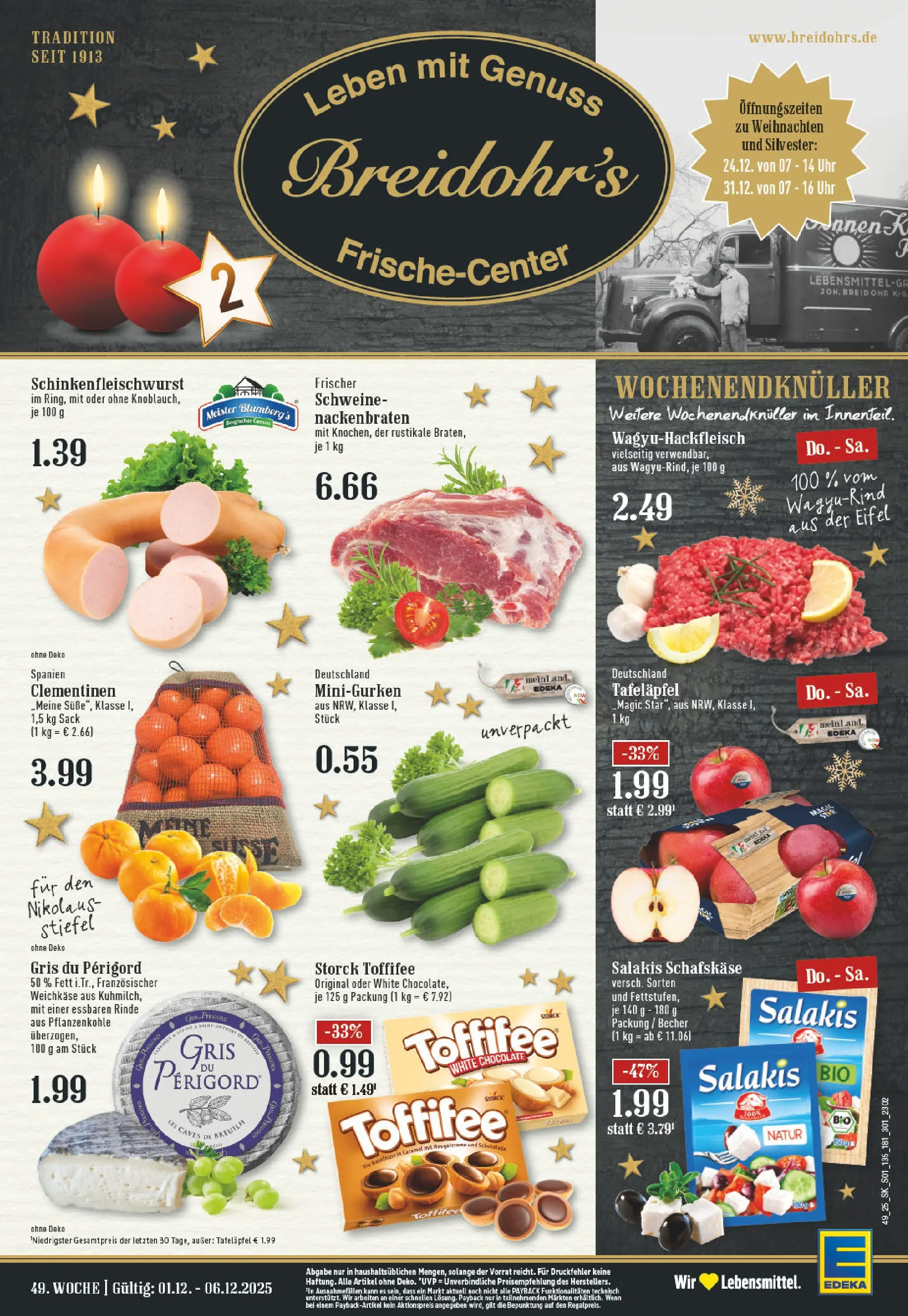 Edeka prospekt Hilden	 (ab 01.12.2025) » Angebote Online | Seite: 1 | Produkte: Salakis, Toffifee, Stiefel, Schafskase