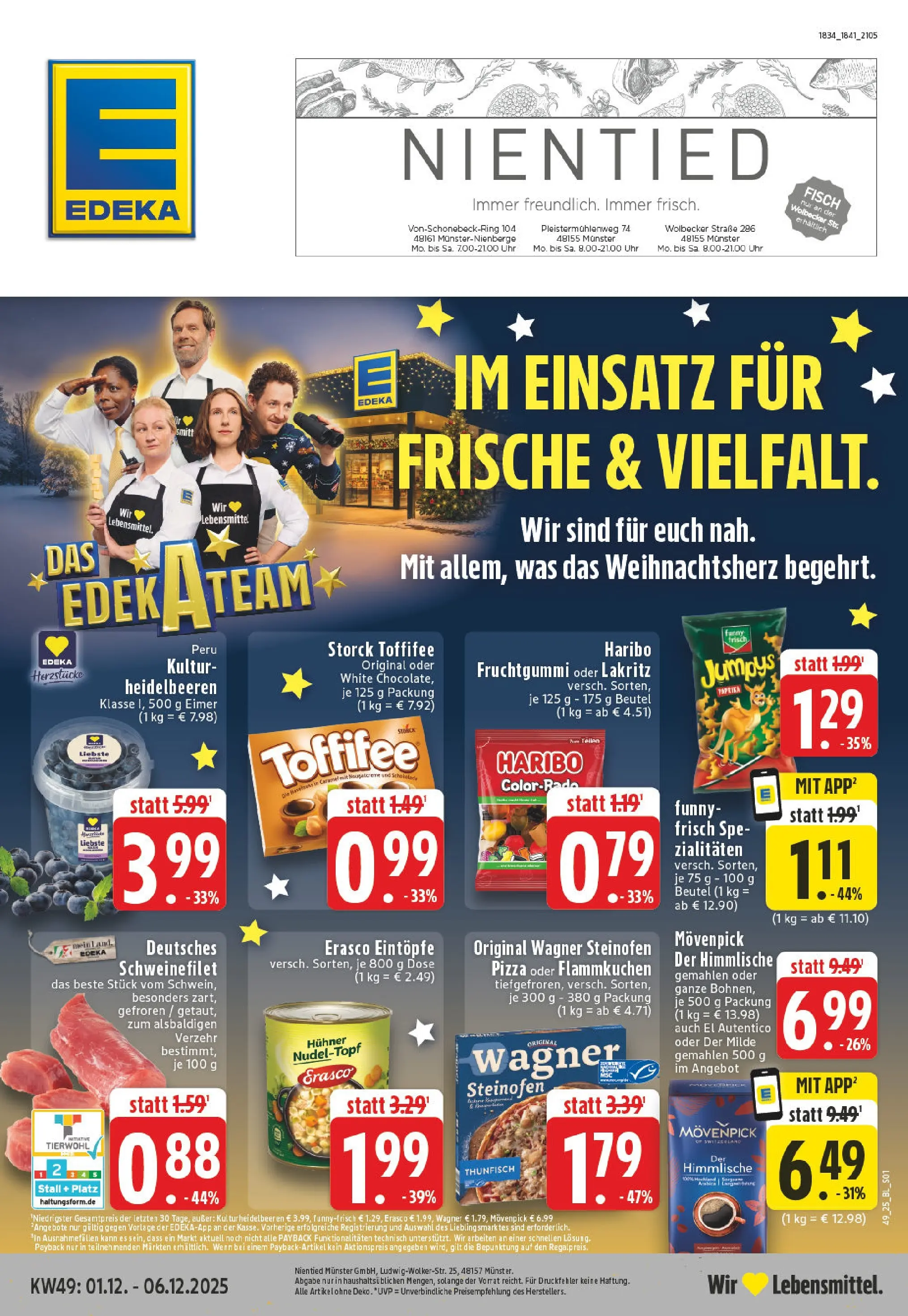 Edeka prospekt Münster - Nienberge	 (ab 01.12.2025) » Angebote Online | Seite: 1 | Produkte: Tür, Fisch, Toffifee, Chips