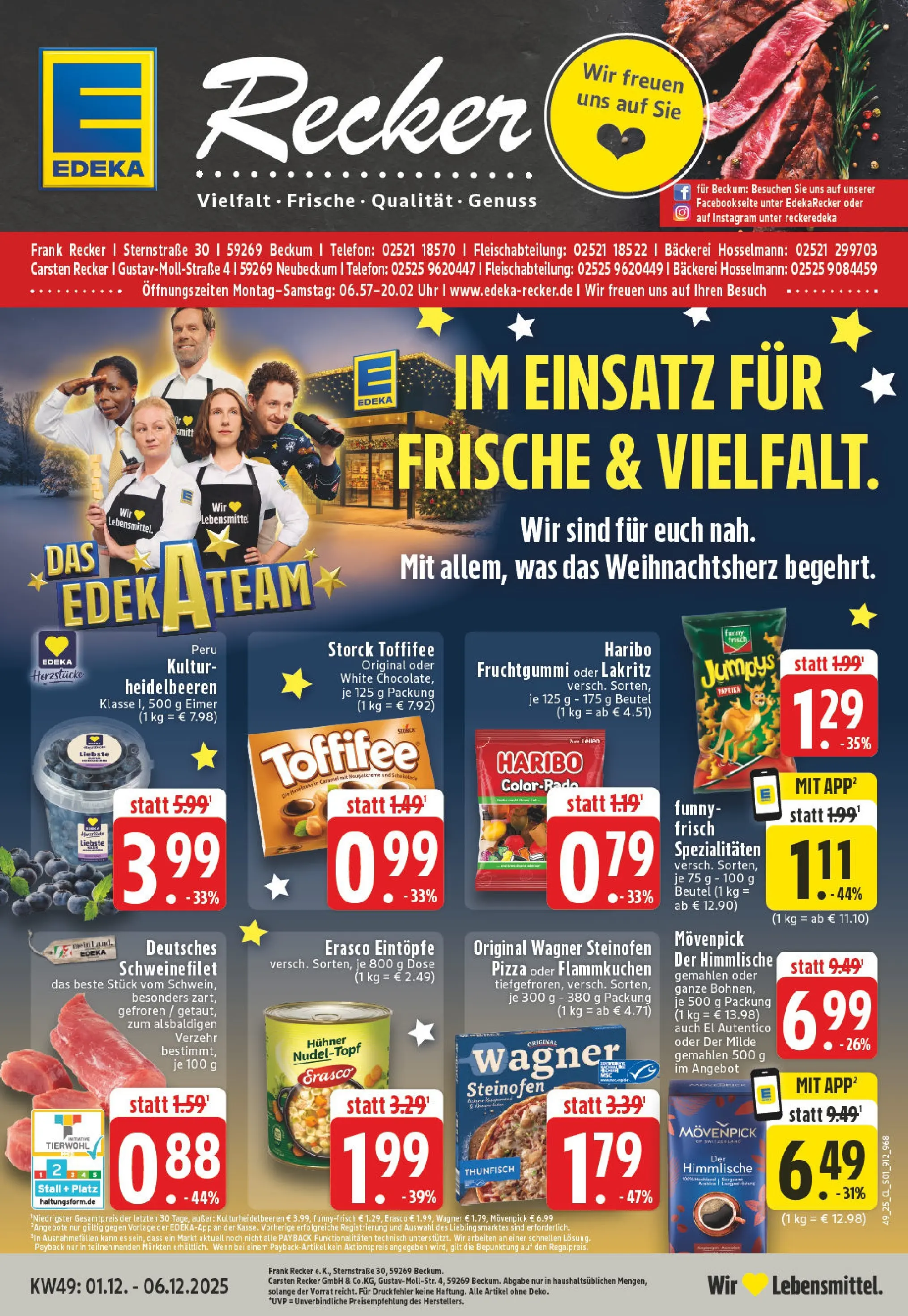 Edeka prospekt Beckum - Neubeckum	 (ab 01.12.2025) » Angebote Online | Seite: 1 | Produkte: Funny frisch, Schweinefilet, Erasco, Telefon