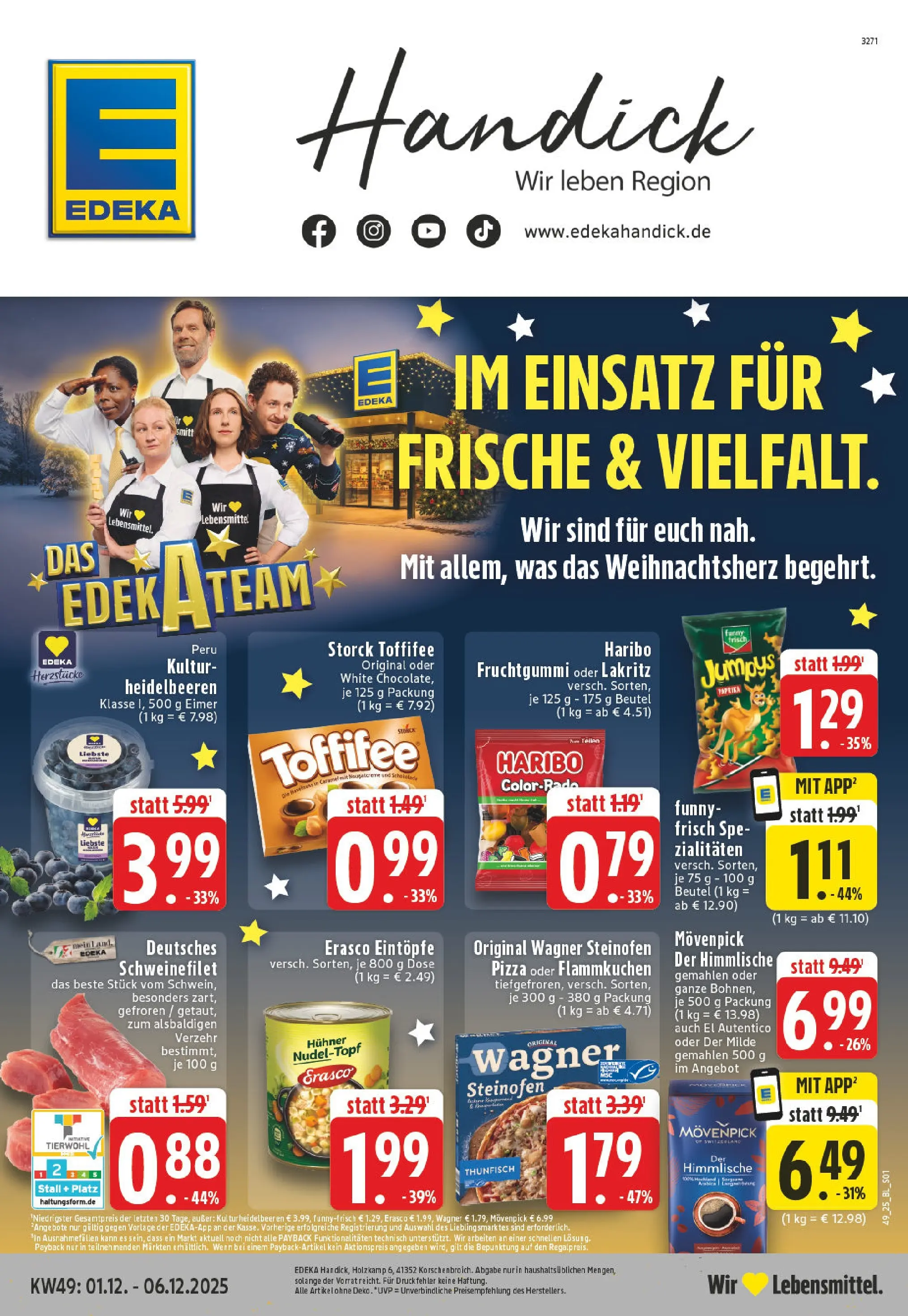 Edeka prospekt Korschenbroich	 (ab 01.12.2025) » Angebote Online | Seite: 1 | Produkte: Schweinefilet, Toffifee, Erasco, Chips