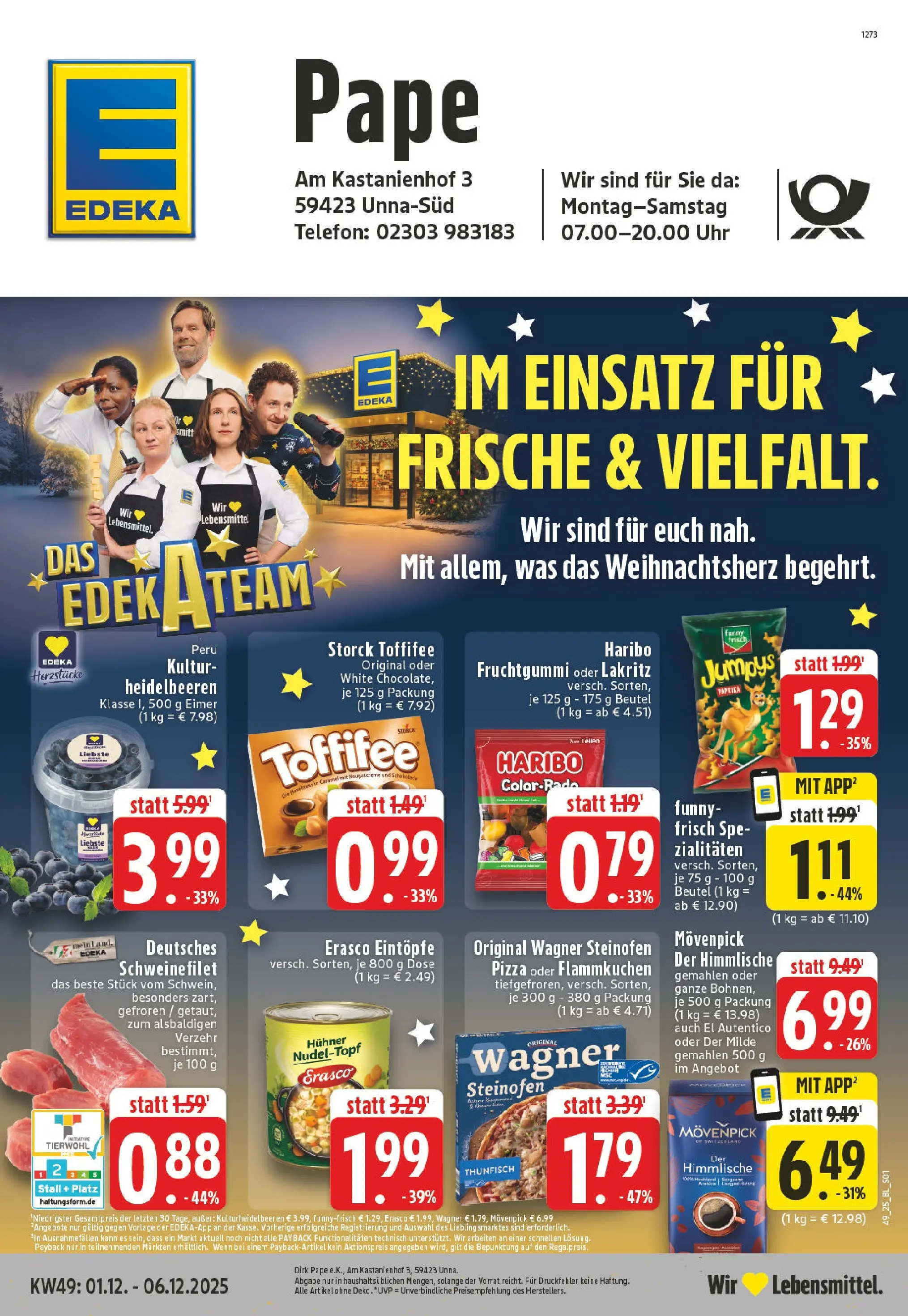 Edeka prospekt Unna	 (ab 01.12.2025) » Angebote Online | Seite: 1 | Produkte: Schokolade, Heidelbeeren, Pizza, Erasco
