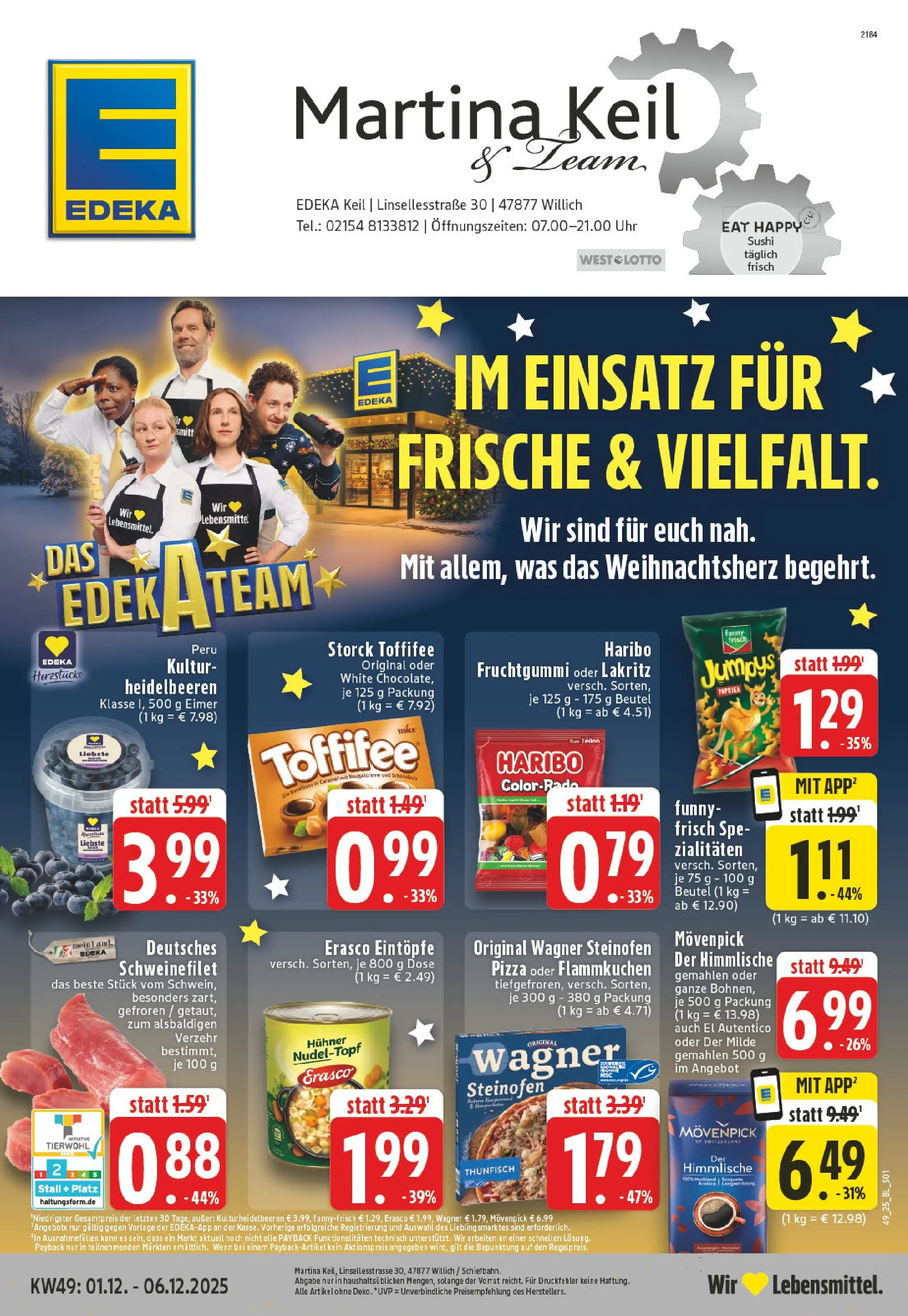 Edeka prospekt Willich - Schiefbahn	 (ab 01.12.2025) » Angebote Online | Seite: 1 | Produkte: Schokolade, Schweinefilet, Erasco, Uhr