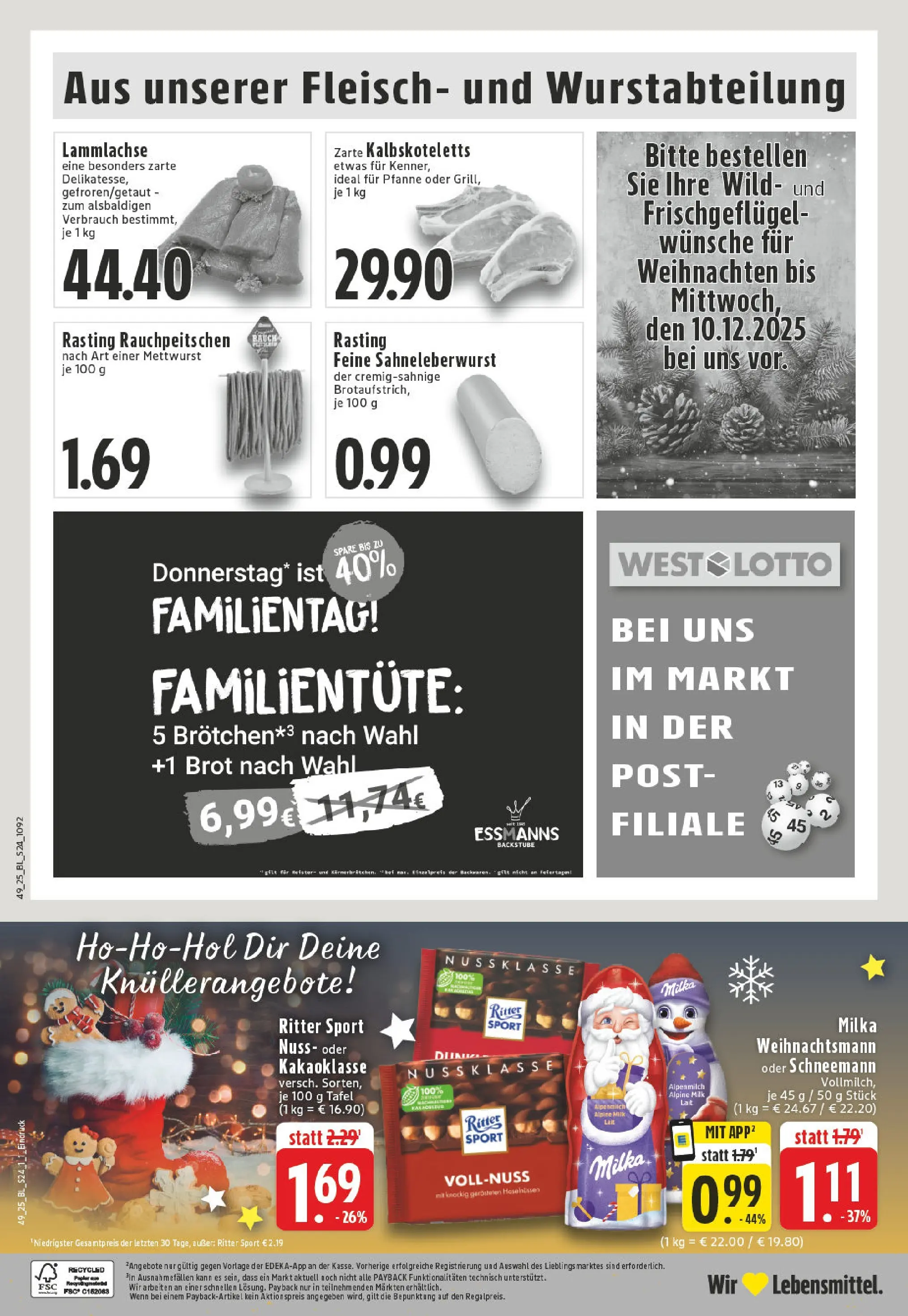 Edeka prospekt Billerbeck	 (ab 01.12.2025) » Angebote Online | Seite: 24 | Produkte: Ritter sport, Milka, Brot, Fleisch