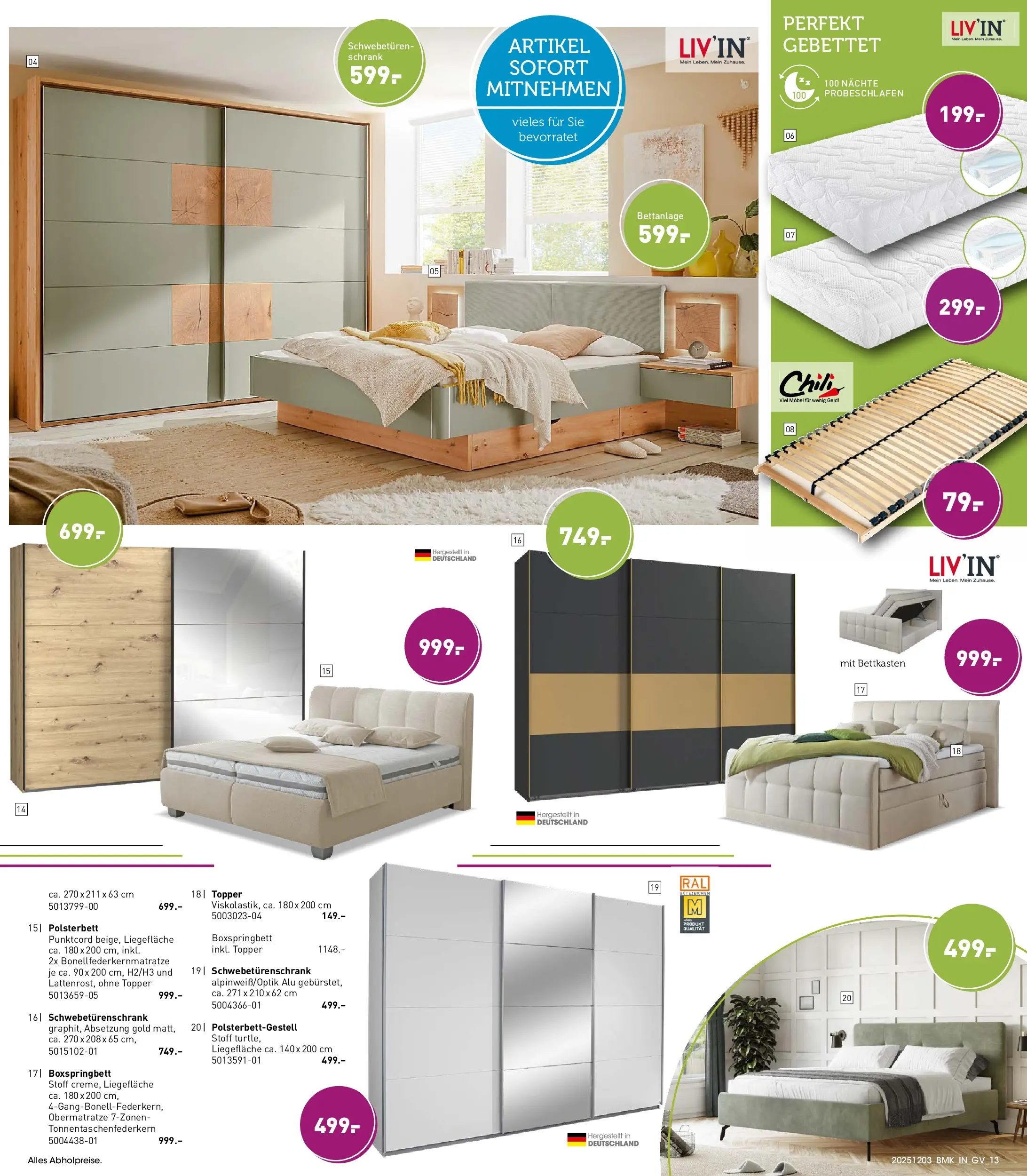 Möbel Martin Küchenmesse (ab 03.12.2025) zum Blättern | Seite: 13 | Produkte: Schwebetürenschrank, Polsterbett, Topper, Chili