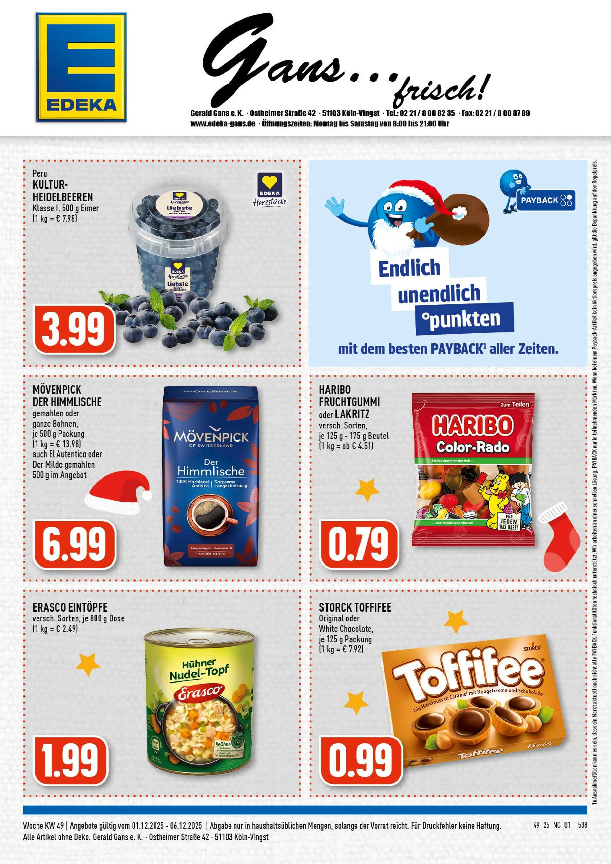 Edeka prospekt Köln-Vingst	 (ab 01.12.2025) » Angebote Online | Seite: 1 | Produkte: Haribo, Schokolade, Heidelbeeren, Erasco