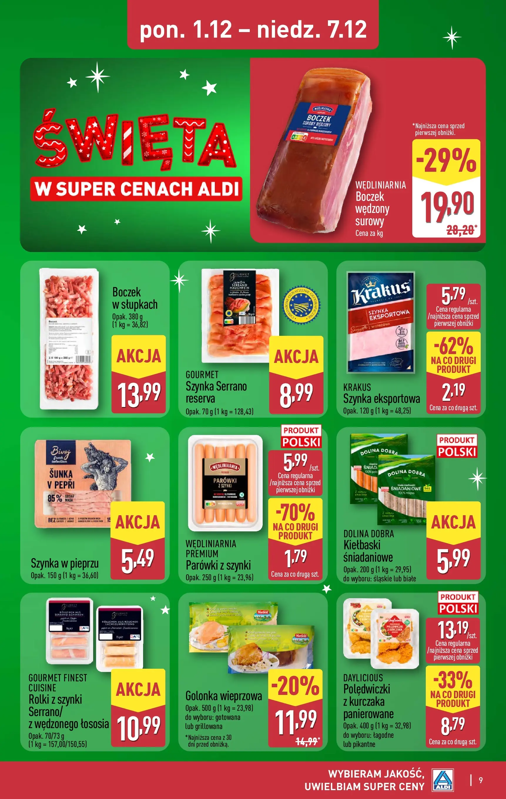 Aldi - Święta w super cenach w ALDI od 30.11.2025 - Ulotka PDF, promocje | Strona: 9 | Produkty: Parówki z szynki, Golonka wieprzowa, Kiełbaski, Szynka serrano