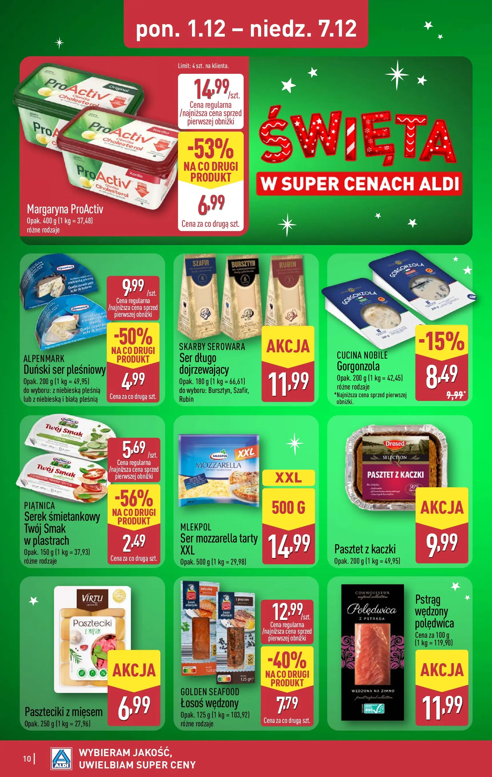 Aldi - Święta w super cenach w ALDI od 30.11.2025 - Ulotka PDF, promocje | Strona: 10 | Produkty: Ser mozzarella tarty, Łosoś, Pstrąg wędzony, Margaryna