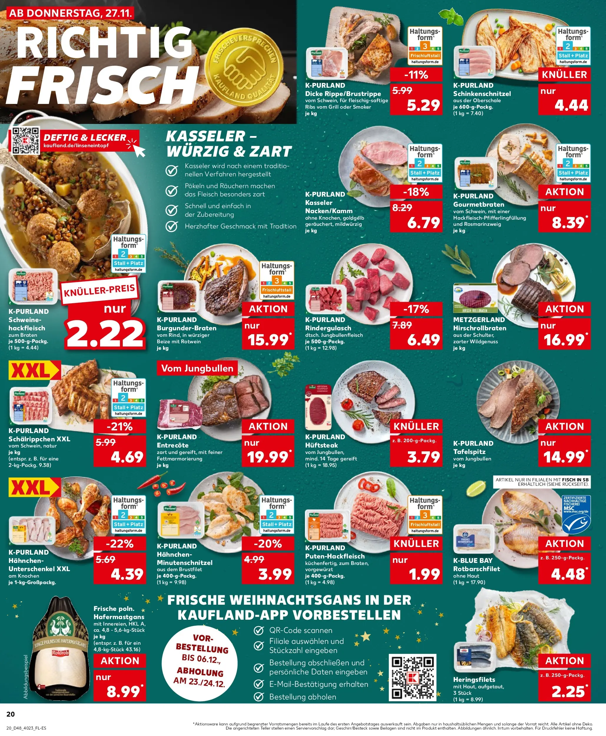 Prospekt Kaufland ab 30.11.2025 » Angebote Online zum Blättern | Seite: 20 | Produkte: Hahnchen, Entrecote, Schnitzel, Hackfleisch