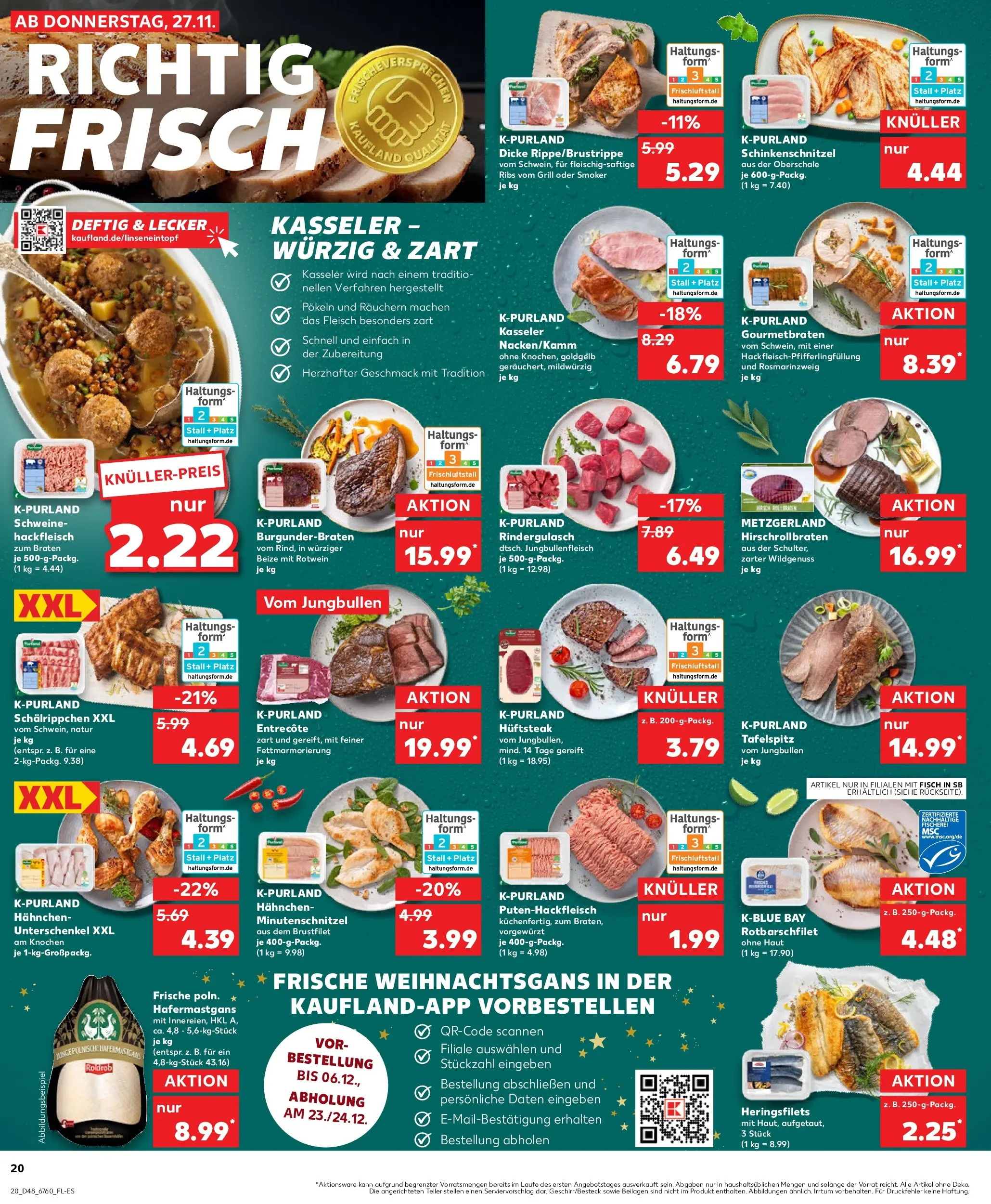 Prospekt Kaufland ab 30.11.2025 » Angebote Online zum Blättern | Seite: 20 | Produkte: Tafelspitz, Rindergulasch, Entrecote, Hackfleisch
