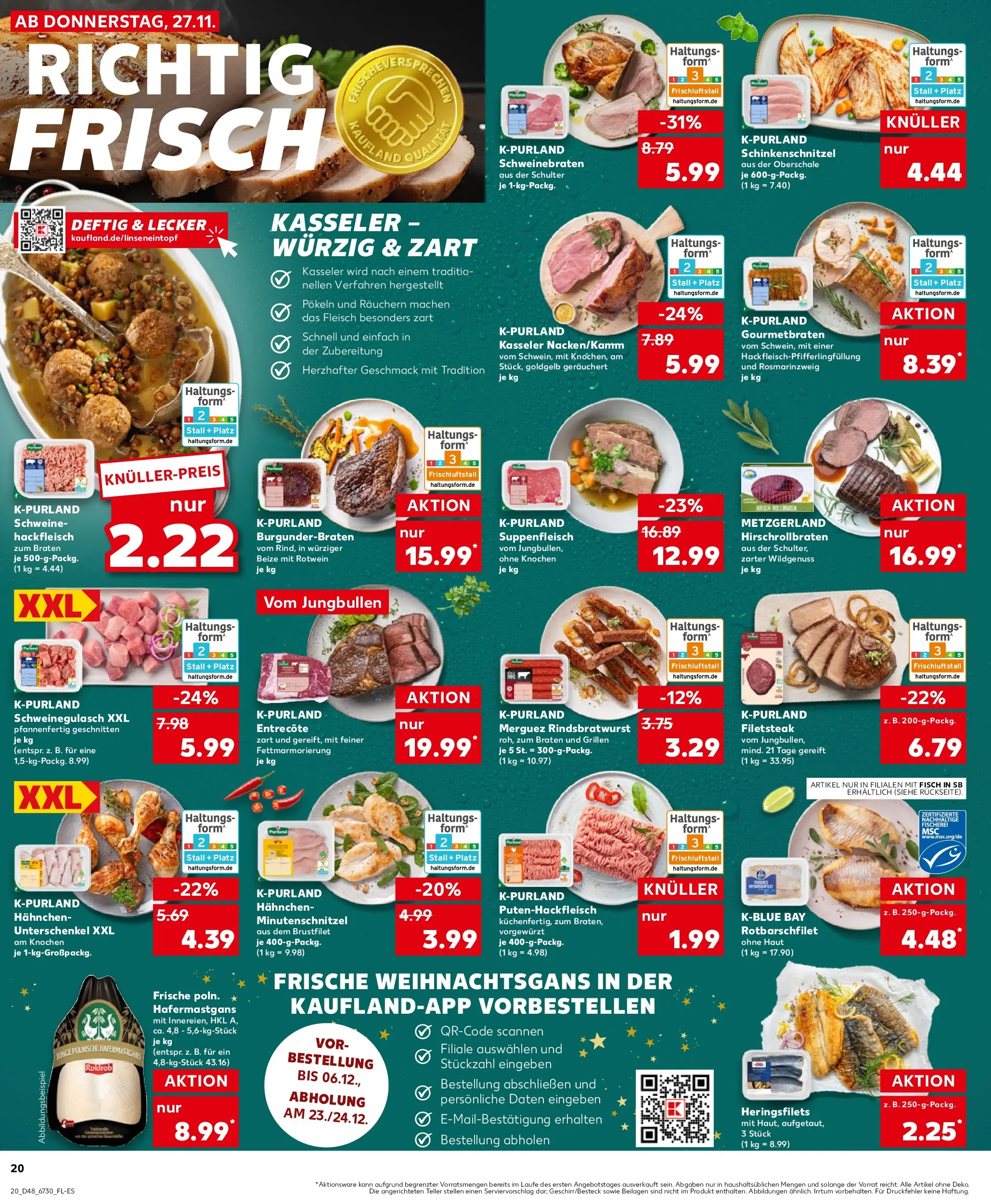 Prospekt Kaufland ab 30.11.2025 » Angebote Online zum Blättern | Seite: 20 | Produkte: Schweinegulasch, Hahnchen, Fisch, Suppenfleisch