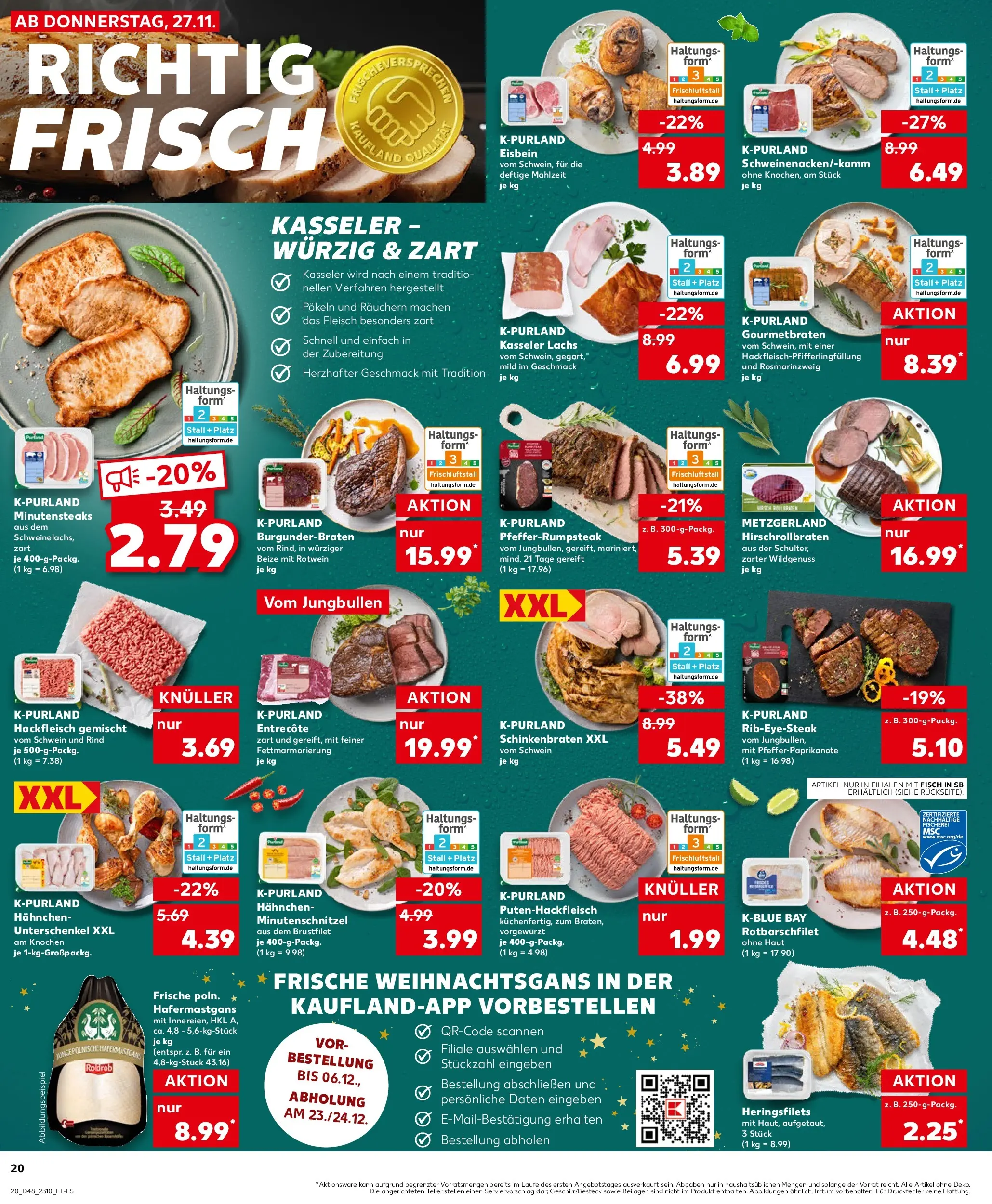 Prospekt Kaufland ab 30.11.2025 » Angebote Online zum Blättern | Seite: 20 | Produkte: Hahnchen, Entrecote, Fisch, Lachs