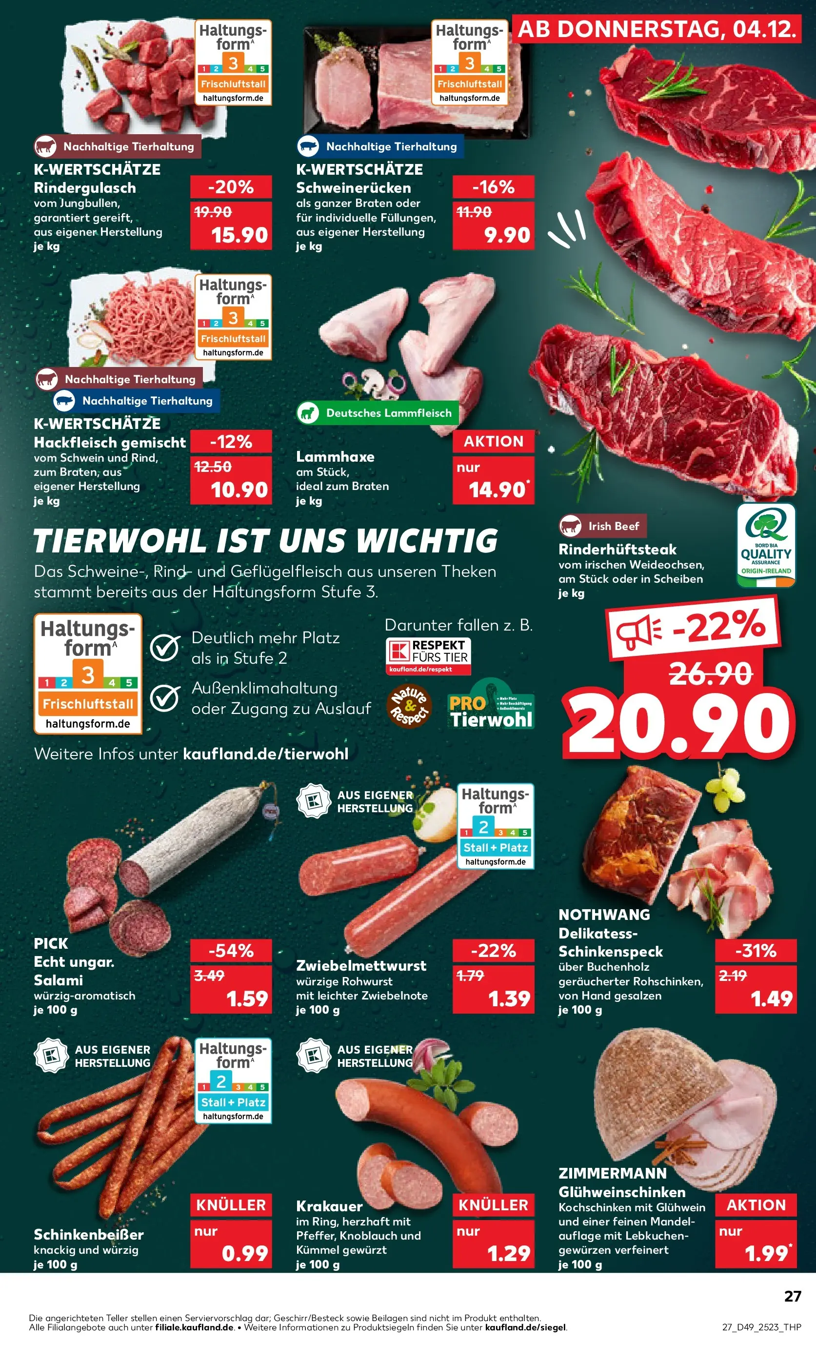 Prospekt Kaufland ab 03.12.2025 » Angebote Online zum Blättern | Seite: 27 | Produkte: Rindergulasch, Schweinerucken, Salami, Steak