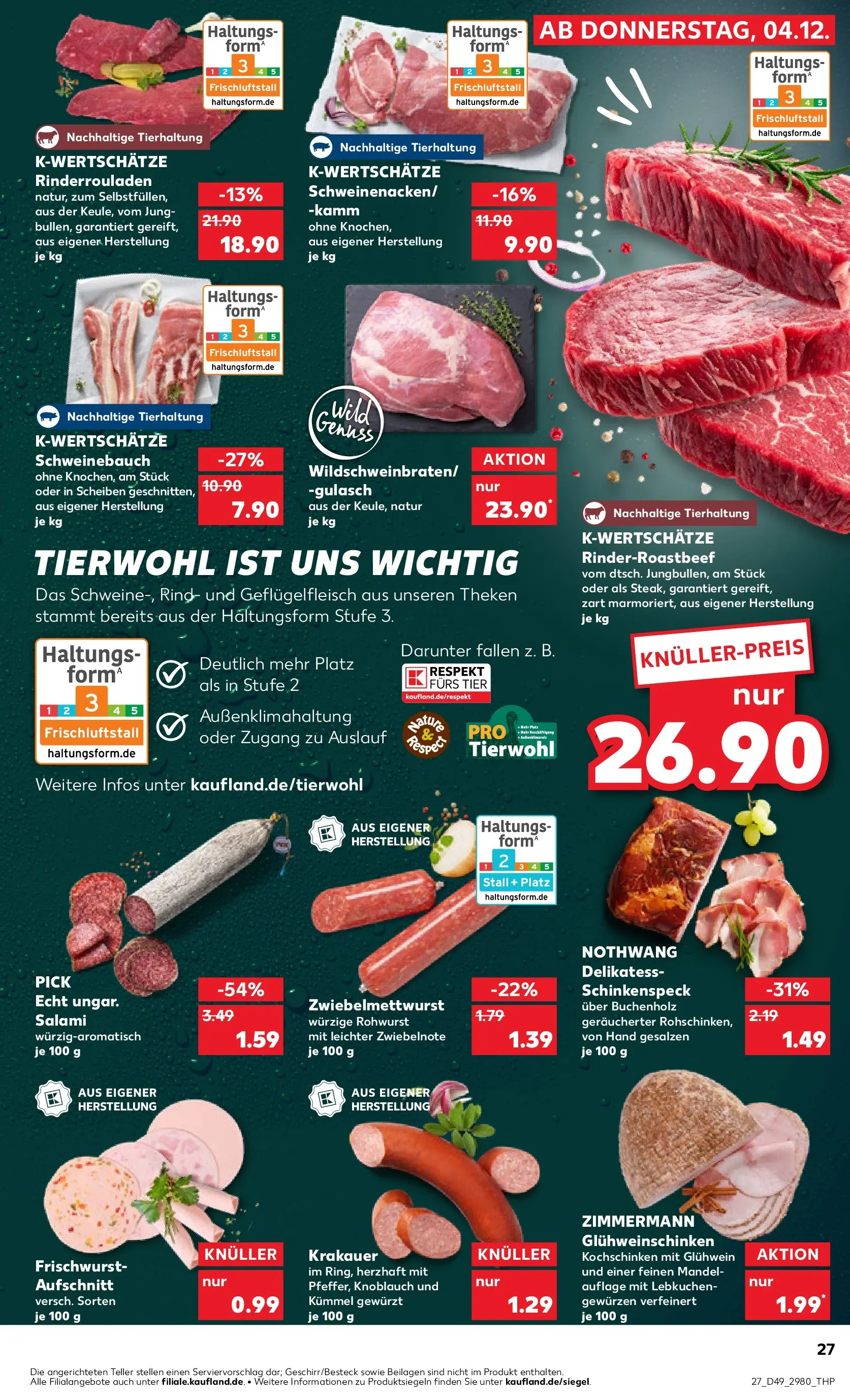 Prospekt Kaufland ab 04.12.2025 » Angebote und Werbung Online | Seite: 27 | Produkte: Rinderrouladen, Schweinebauch, Gulasch, Salami Prospekt Kaufland ab 04.12.2025 » Angebote Online zum Blättern | Seite: 27 | Produkte: Rinderrouladen, Schweinebauch, Gulasch, Salami