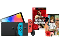 NINTENDO Switch Neonrot/Neonblau (OLED Modell) + GTA Trilogy Definitive Edition (Code in the Box) Red Dead Redemption; Nintendo Switch OLED Modell----Spielekonsole