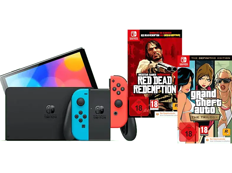 NINTENDO Switch Neonrot/Neonblau (OLED Modell) + GTA Trilogy Definitive Edition (Code in the Box) Red Dead Redemption; Nintendo Switch OLED Modell----Spielekonsole
