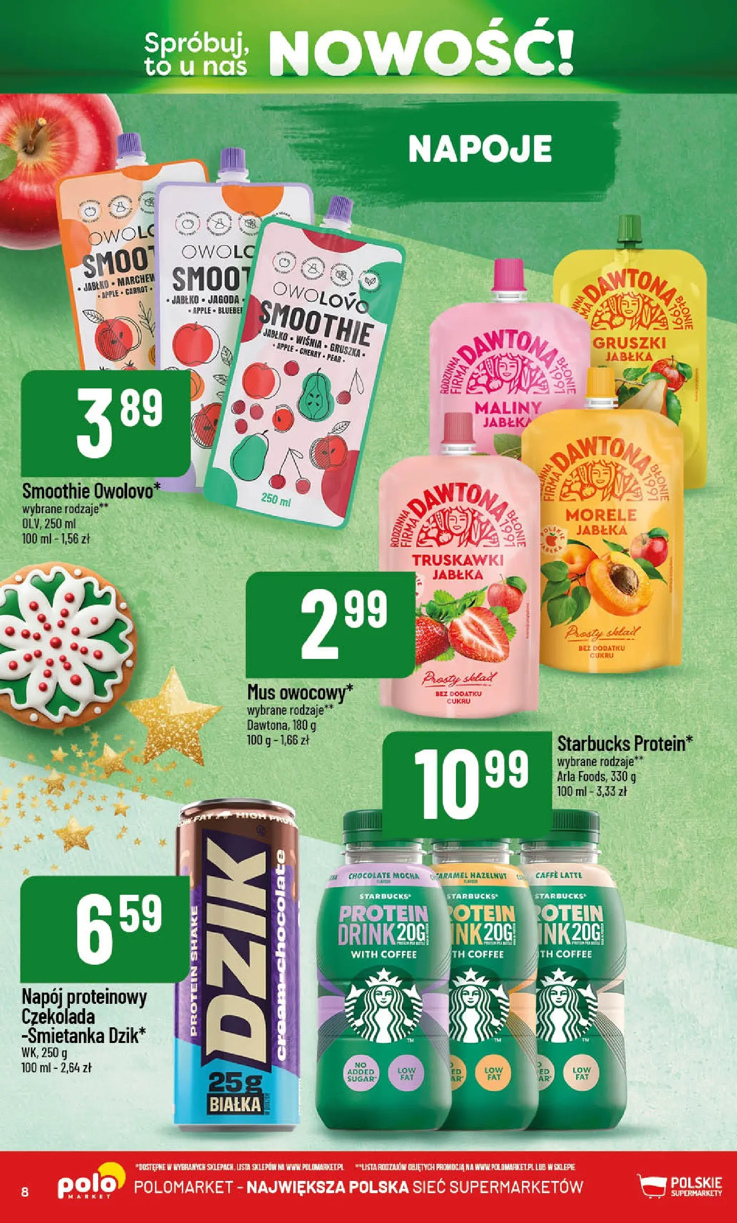 Nowa POLOmarket gazetka od jutra 01.12.2025 (PDF) | Strona: 8 | Produkty: Napoje, Smoothie, Morele, Jabłka