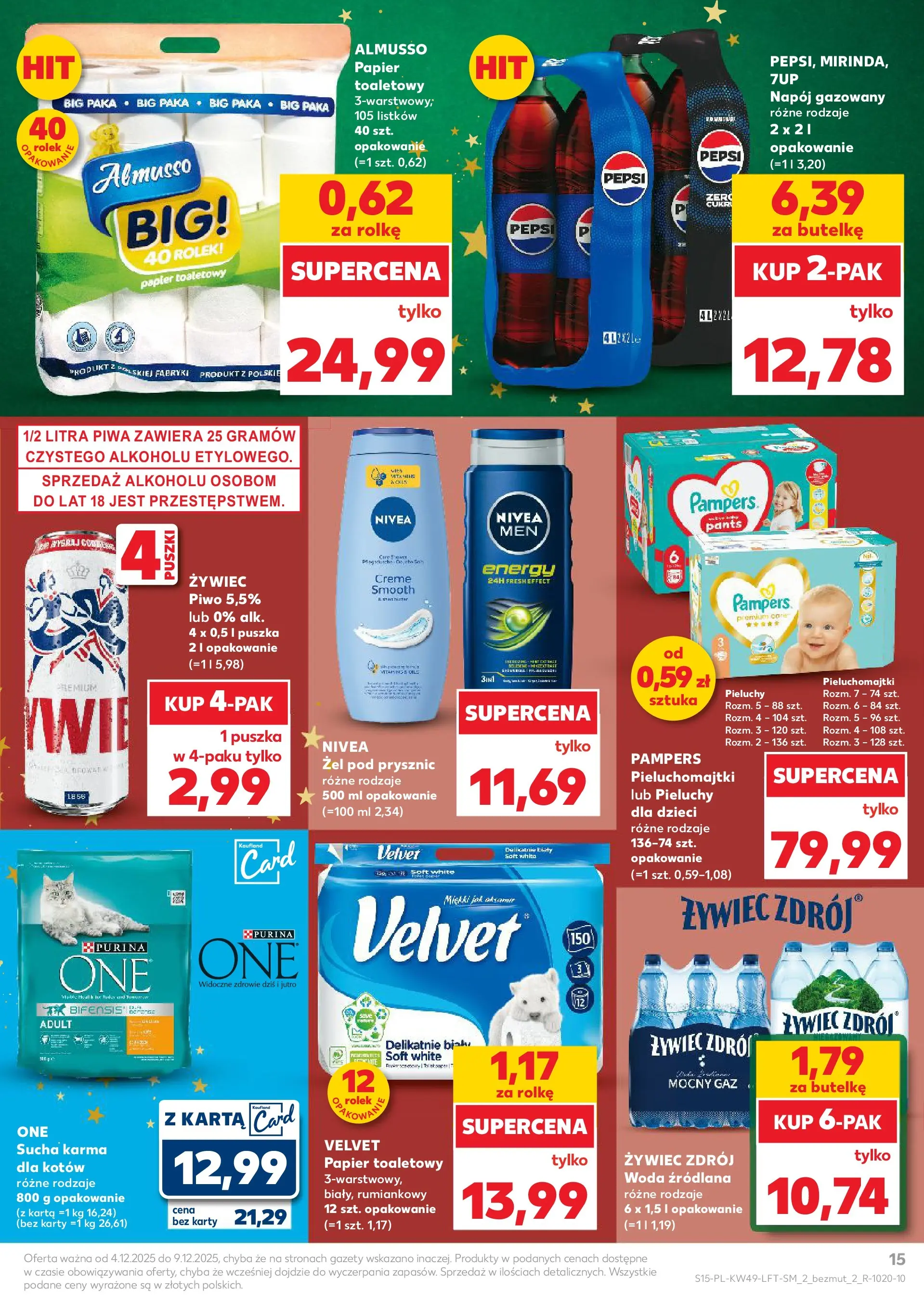 Kaufland gazetka od 04.12.2025 - od jutra PDF | Strona: 15 | Produkty: Woda źródlana, Pepsi, Pampers, Piwo