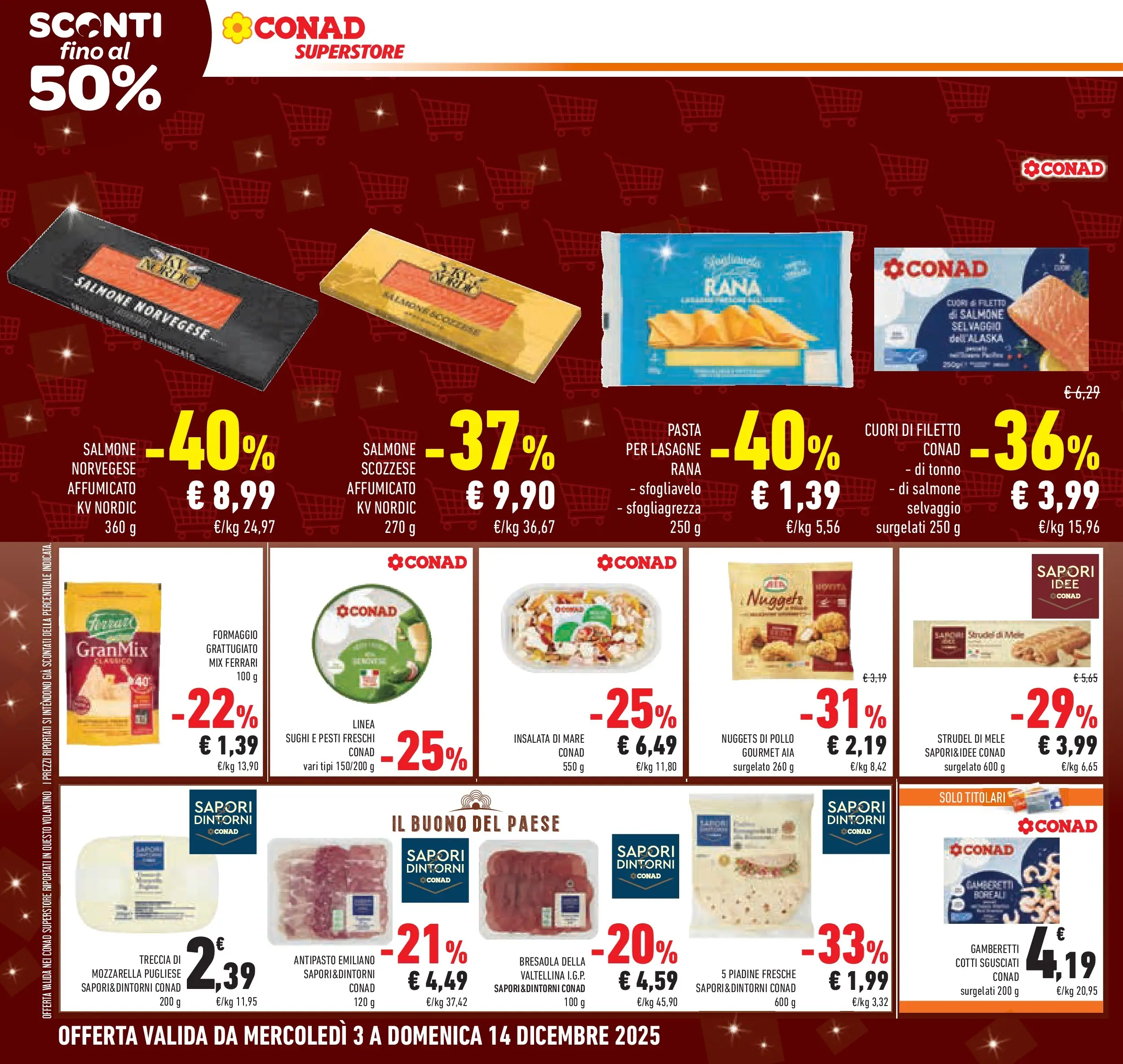 Volantino Conad dal 02/12/2025 > Anteprima | Pagina: 14 | Prodotti: Salmone, Formaggio, Pasta, Gamberetti