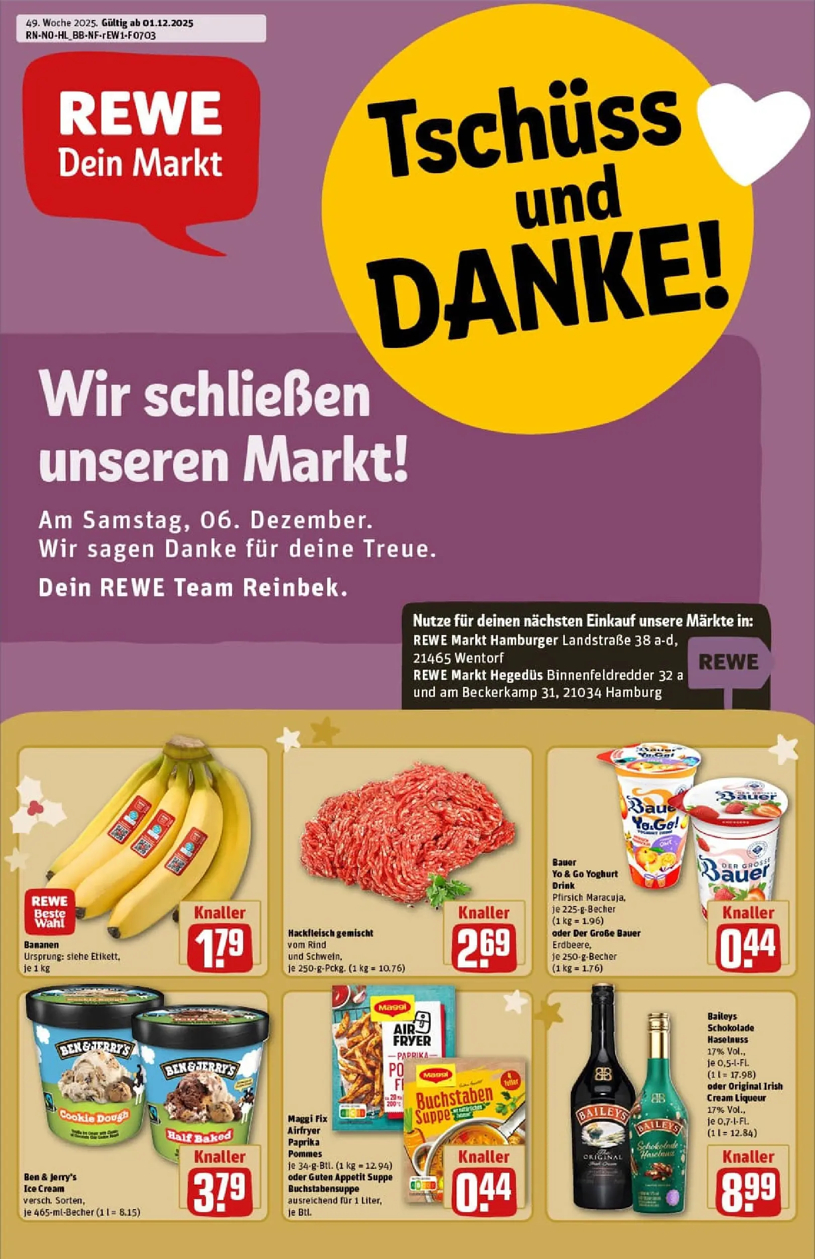 REWE Prospekt ab 01.12.2025 zum Blättern » Angebote | Seite: 1 | Produkte: Bananen, Maggi fix, Baileys, Hackfleisch
