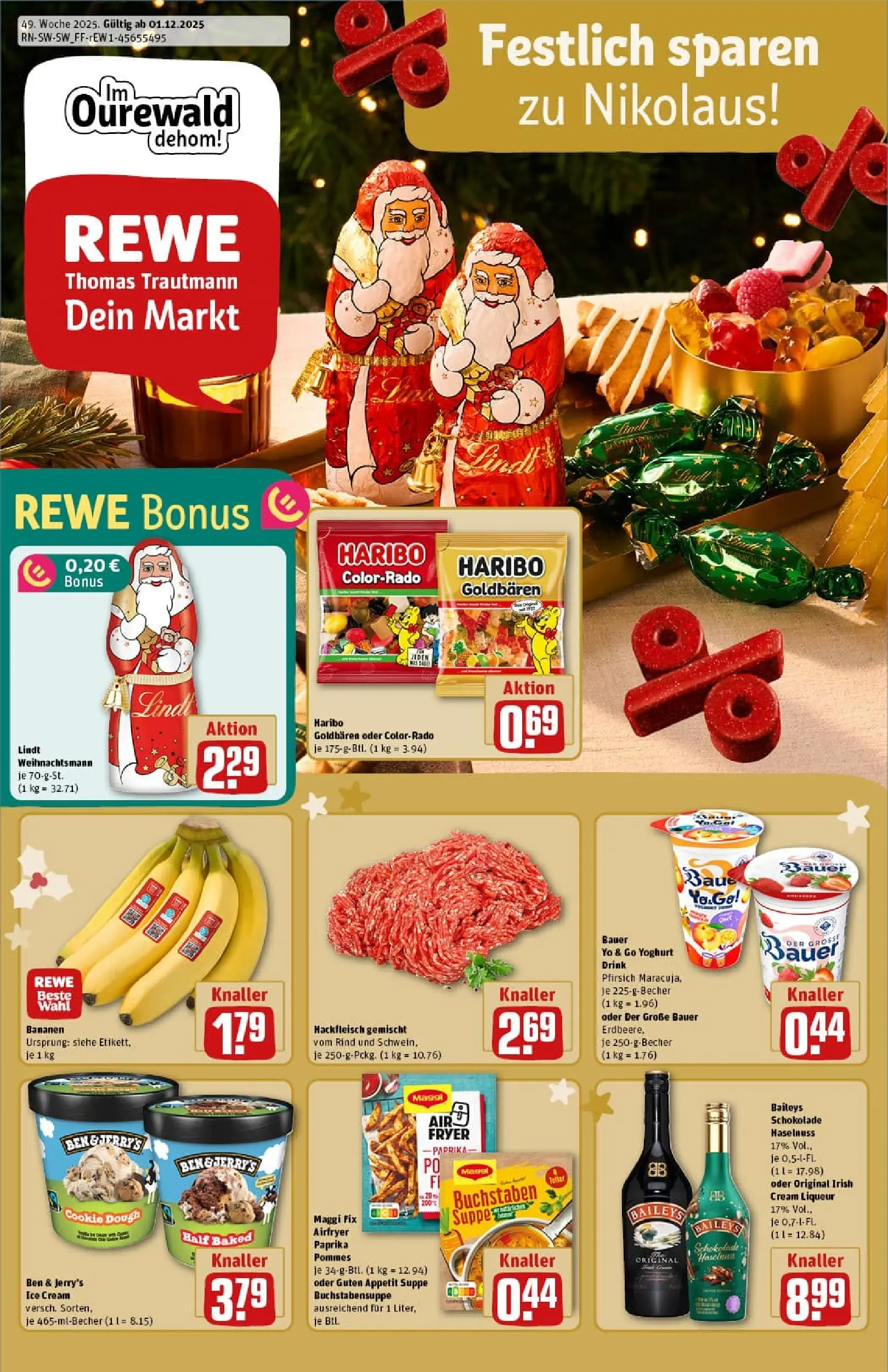 REWE Prospekt ab 01.12.2025 zum Blättern » Angebote | Seite: 1 | Produkte: Pommes, Maggi fix, Lindt, Hackfleisch
