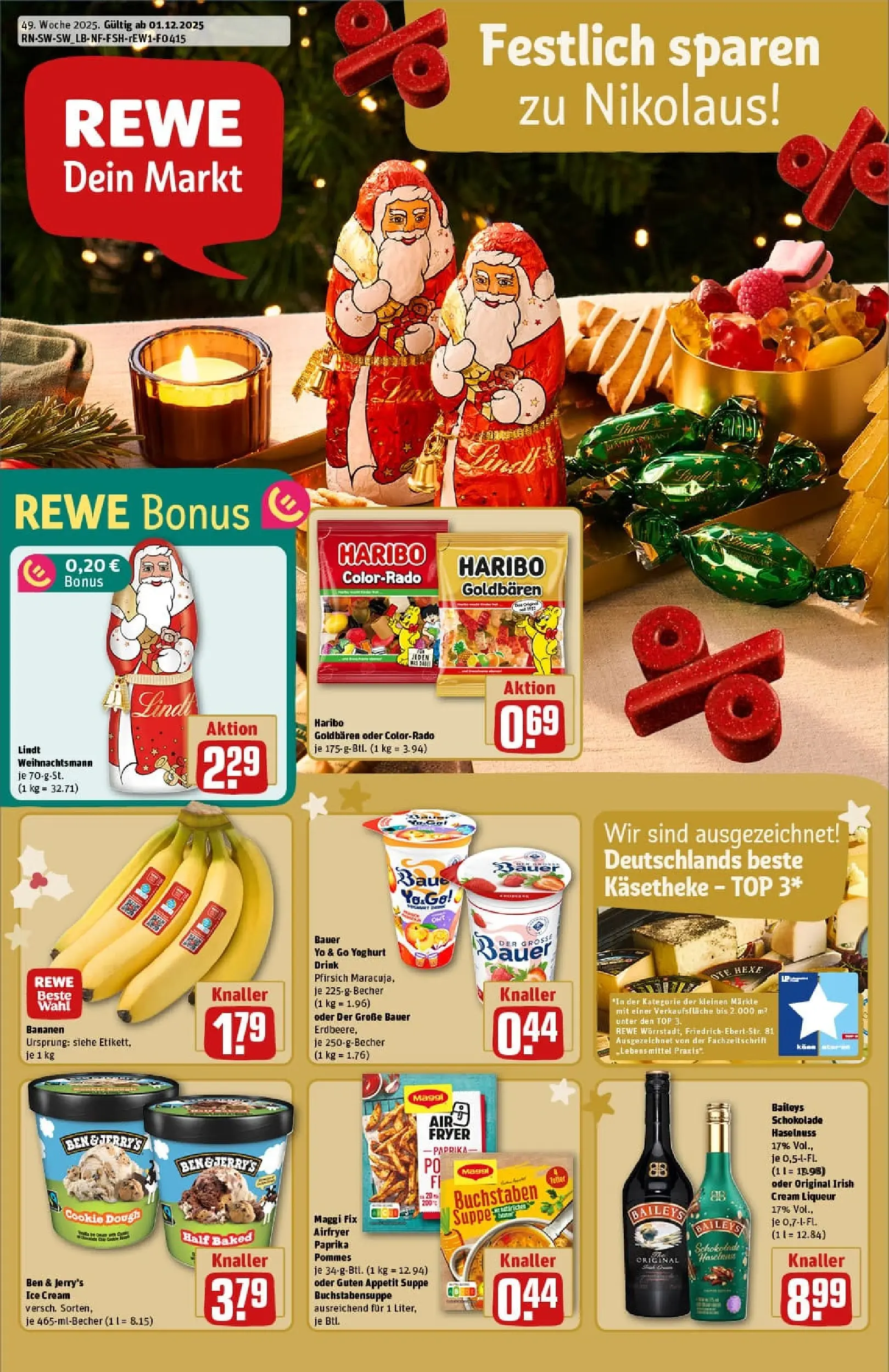 REWE Prospekt ab 01.12.2025 zum Blättern » Angebote | Seite: 1 | Produkte: Pommes, Pfirsich, Maggi fix, Baileys