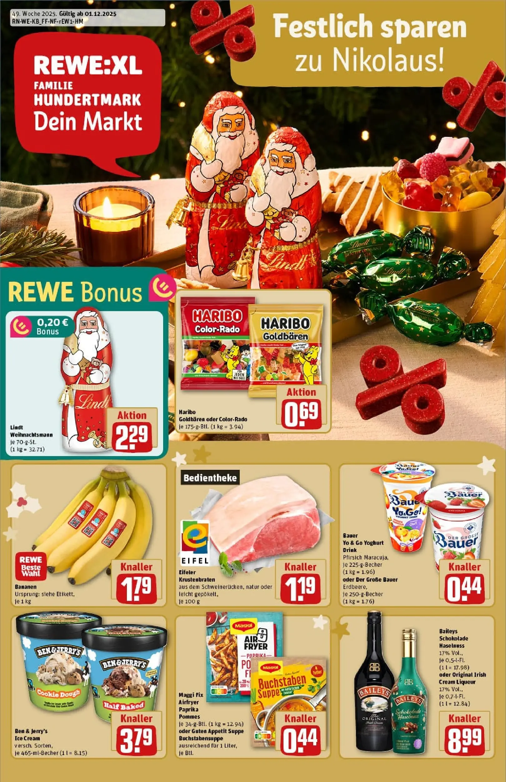 REWE Prospekt ab 01.12.2025 zum Blättern » Angebote | Seite: 1 | Produkte: Haribo, Pommes, Ben & Jerry's, Lindt