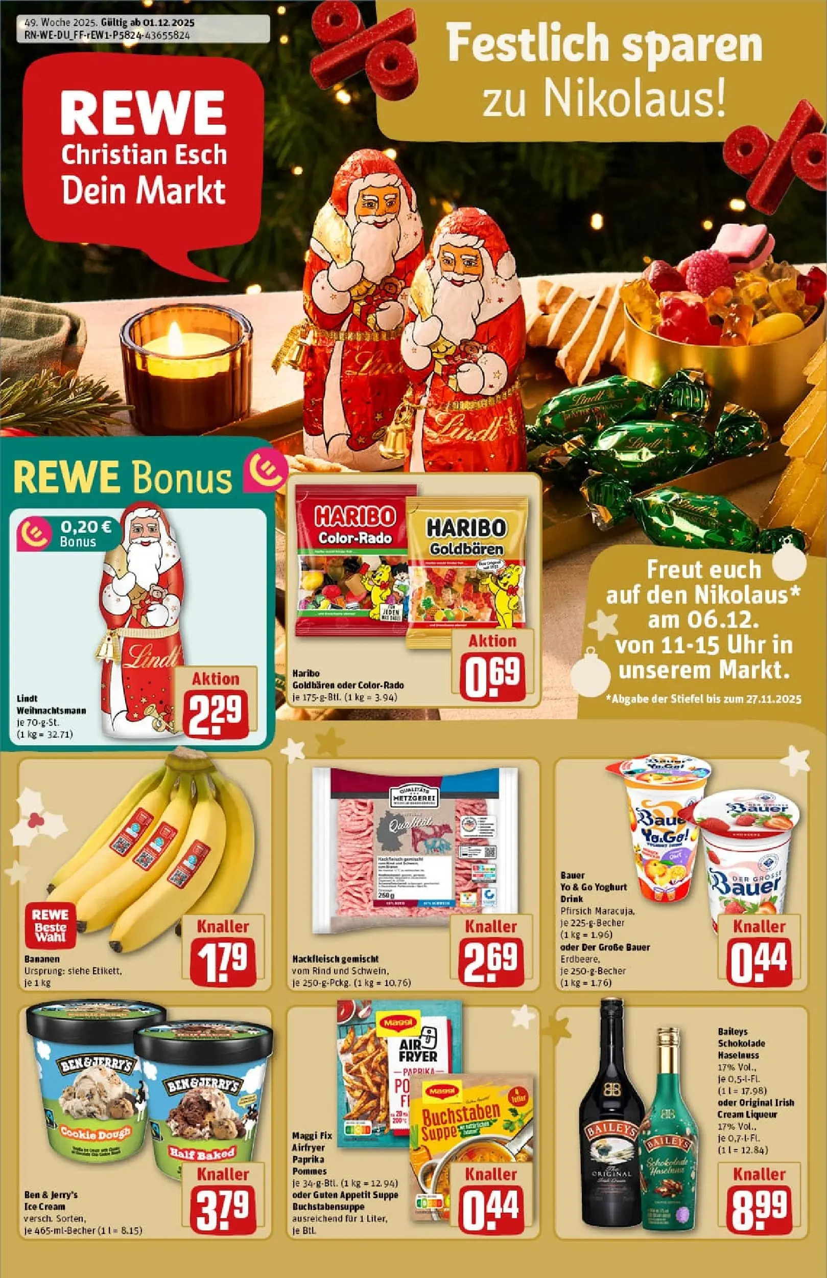 REWE Prospekt ab 01.12.2025 zum Blättern » Angebote | Seite: 1 | Produkte: Ben & Jerry's, Pfirsich, Baileys, Stiefel