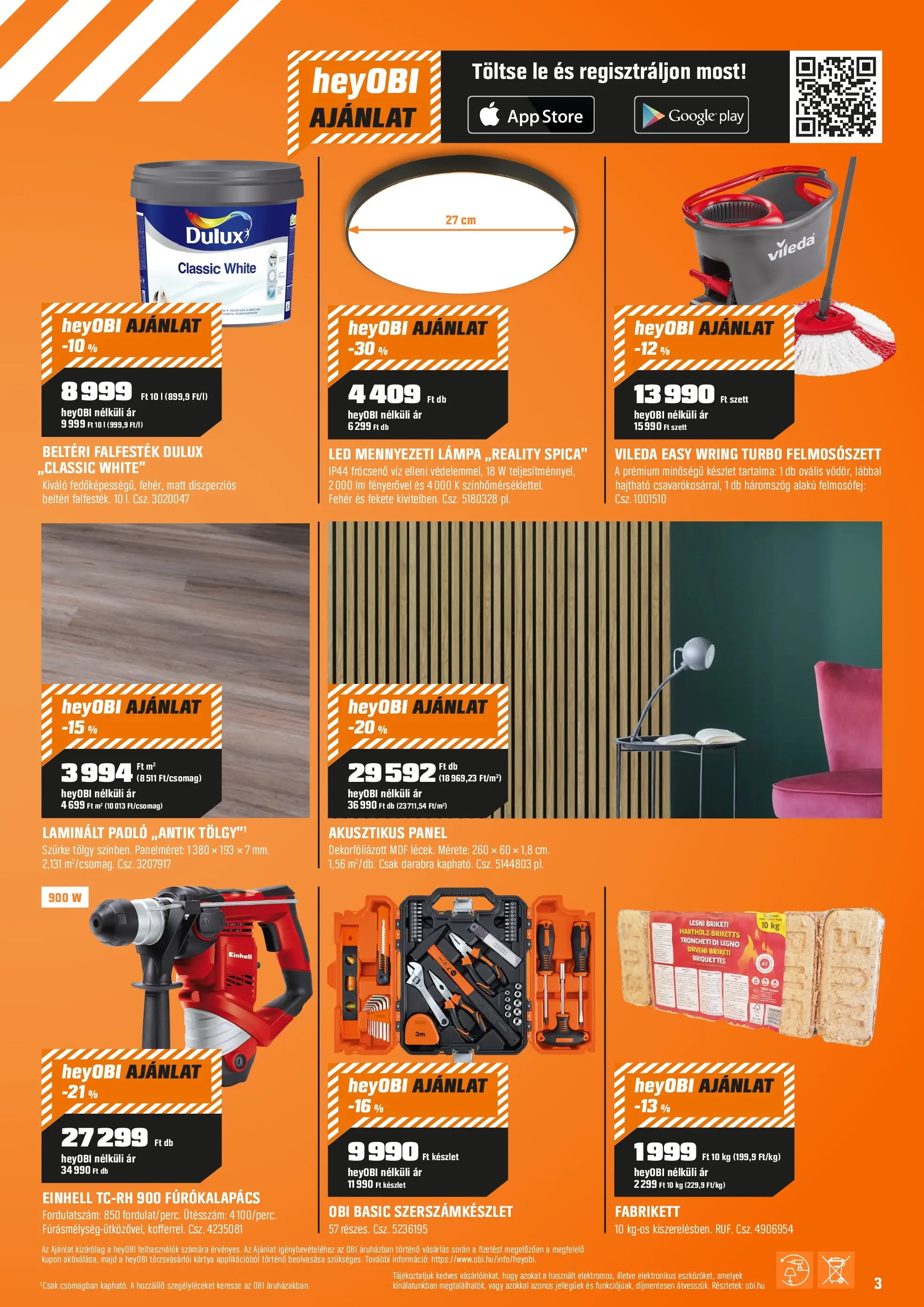 OBI akciós újság 12.02. > Karácsonyi katalógus 2025 🎄 | Oldal: 3 | Termékek: Mennyezeti lámpa, Fúrókalapács, Laminált padló, Lámpa
