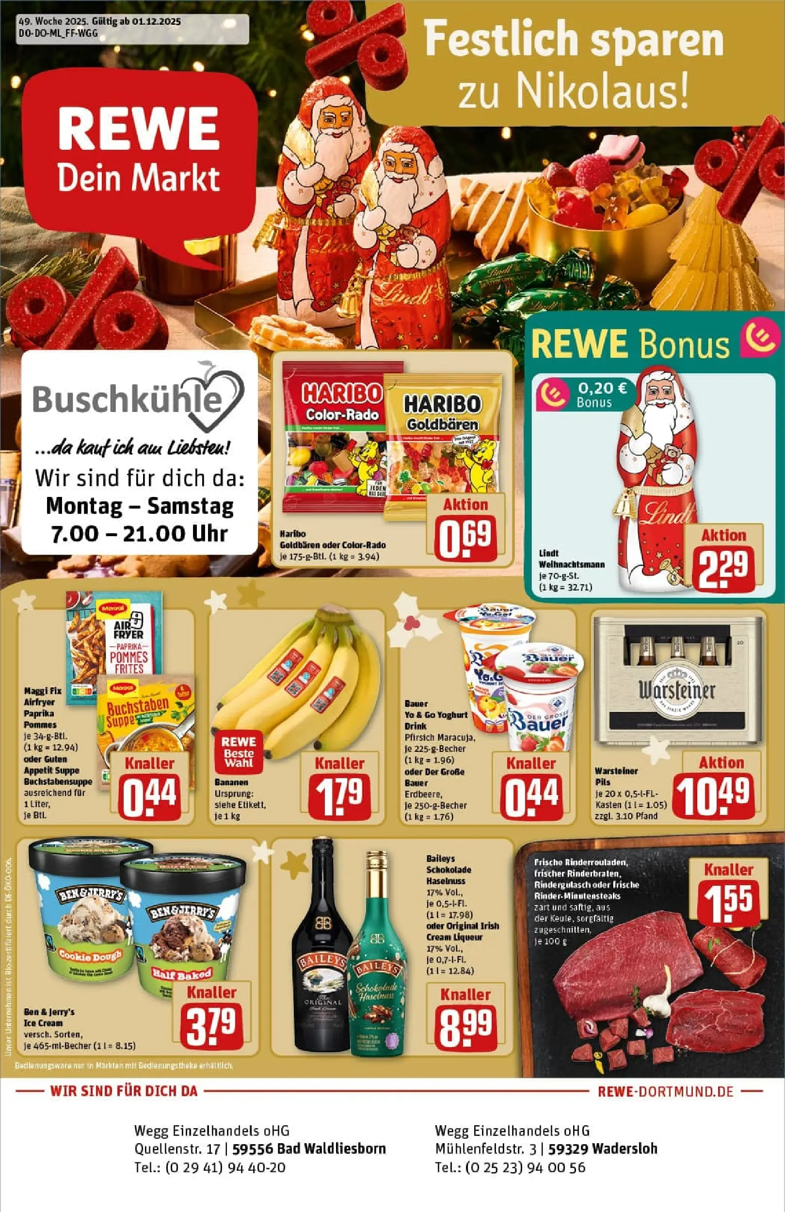 REWE Prospekt ab 01.12.2025 zum Blättern » Angebote | Seite: 1 | Produkte: Rindergulasch, Warsteiner, Baileys, Uhr