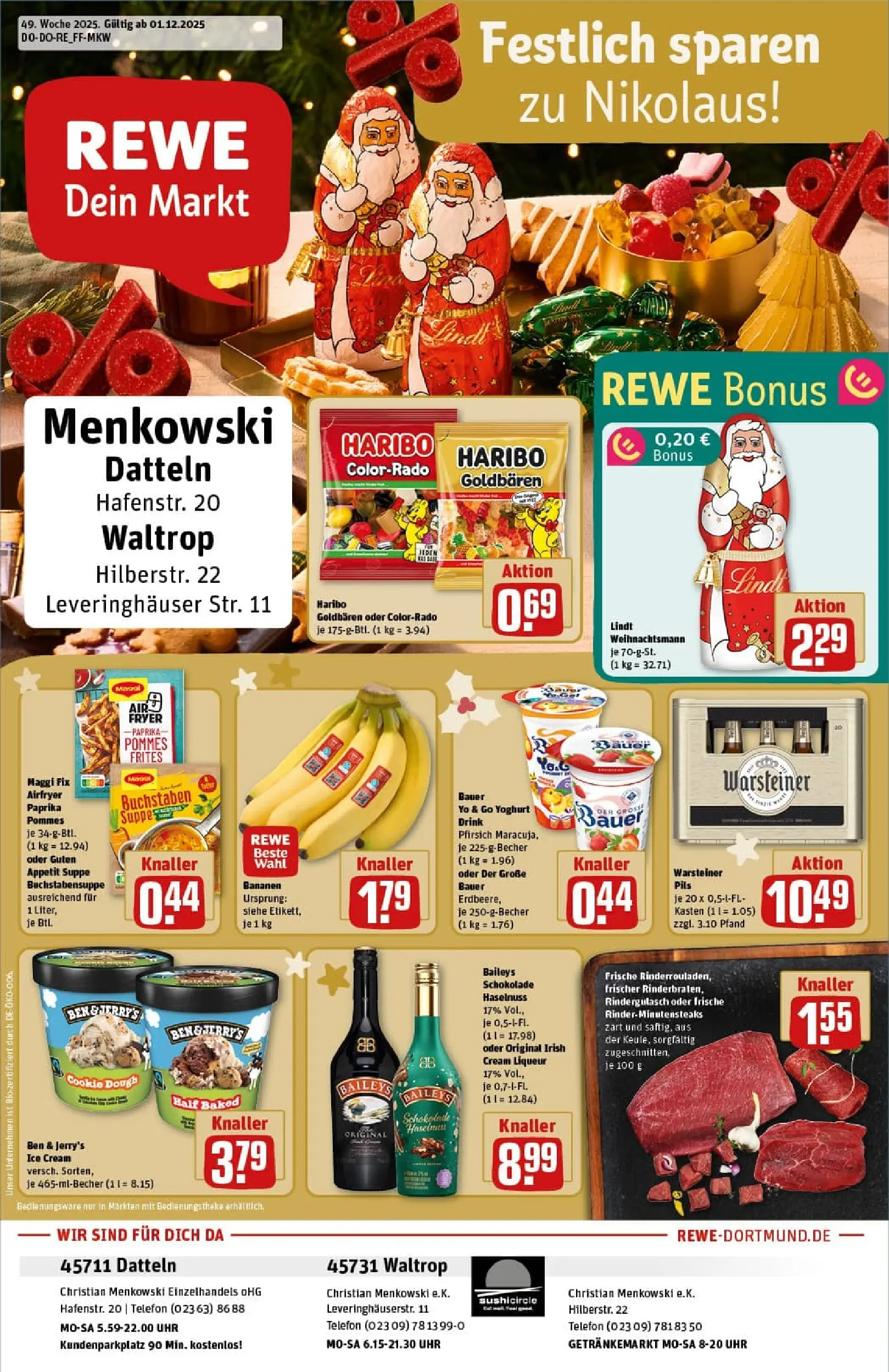 REWE Prospekt ab 01.12.2025 zum Blättern » Angebote | Seite: 1 | Produkte: Rindergulasch, Bananen, Ben & Jerry's, Warsteiner
