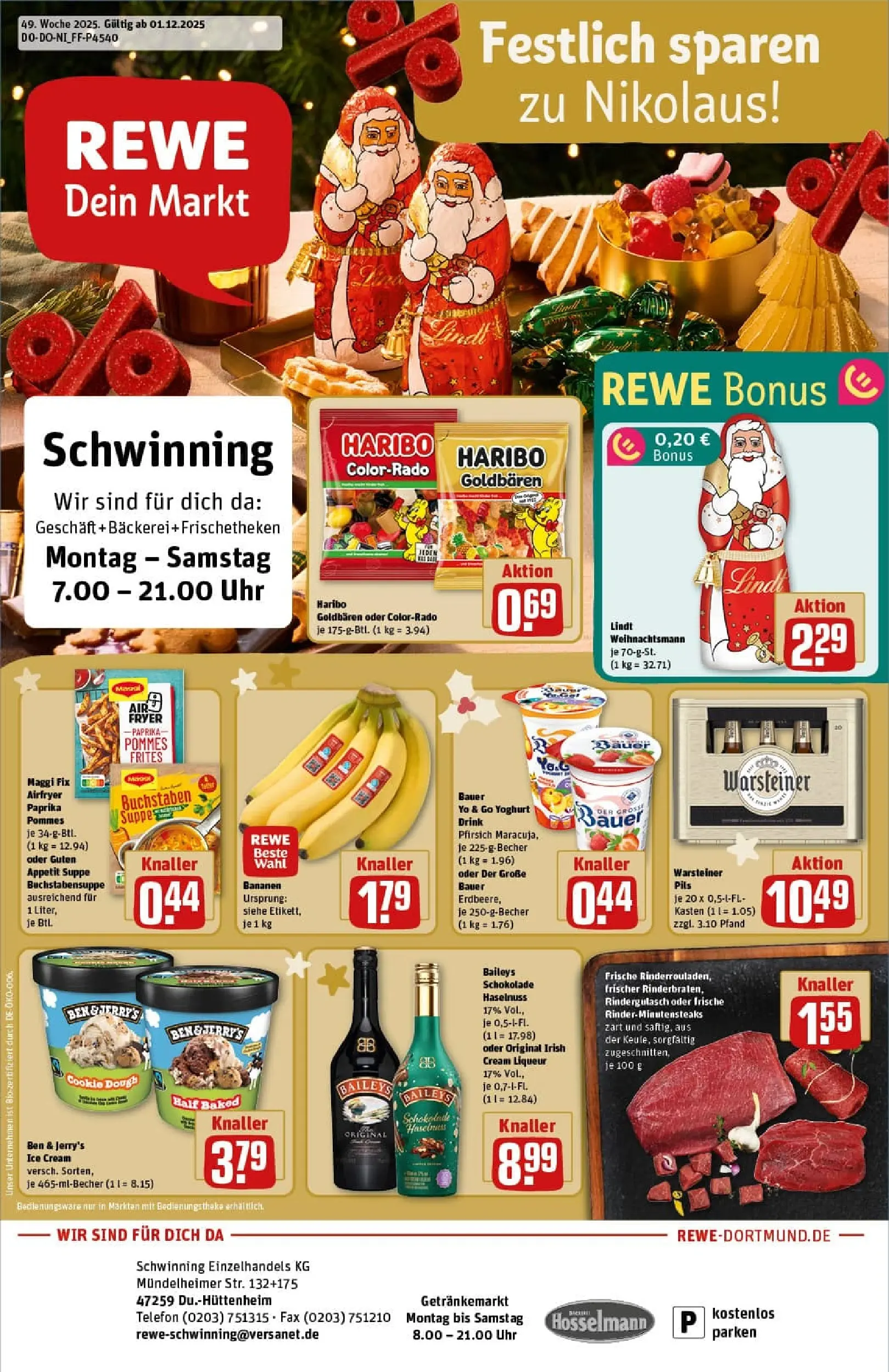 REWE Prospekt ab 01.12.2025 zum Blättern » Angebote | Seite: 1 | Produkte: Rindergulasch, Haribo, Bananen, Telefon