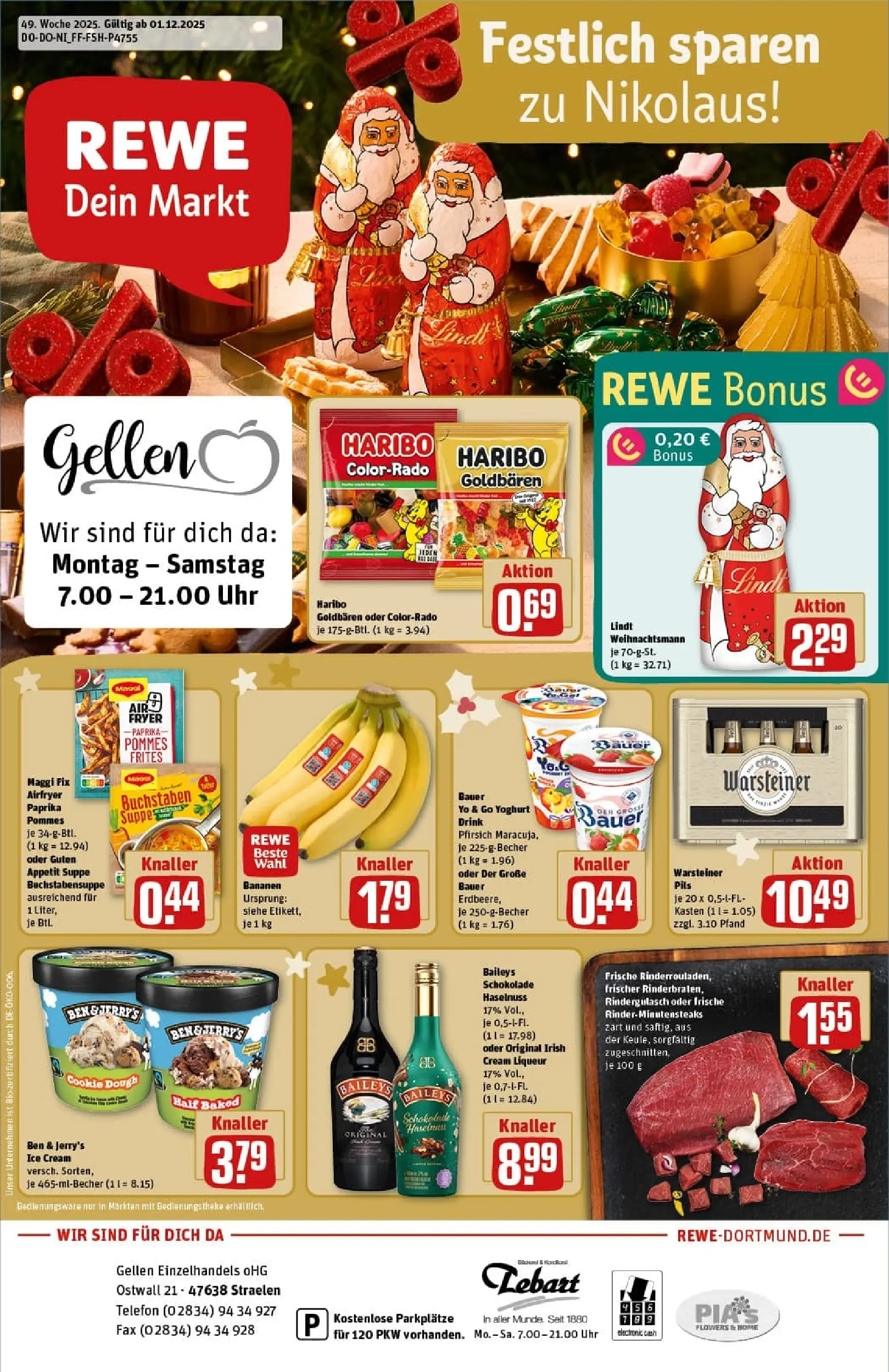 REWE Prospekt ab 01.12.2025 zum Blättern » Angebote | Seite: 1 | Produkte: Pommes, Bananen, Baileys, Lindt