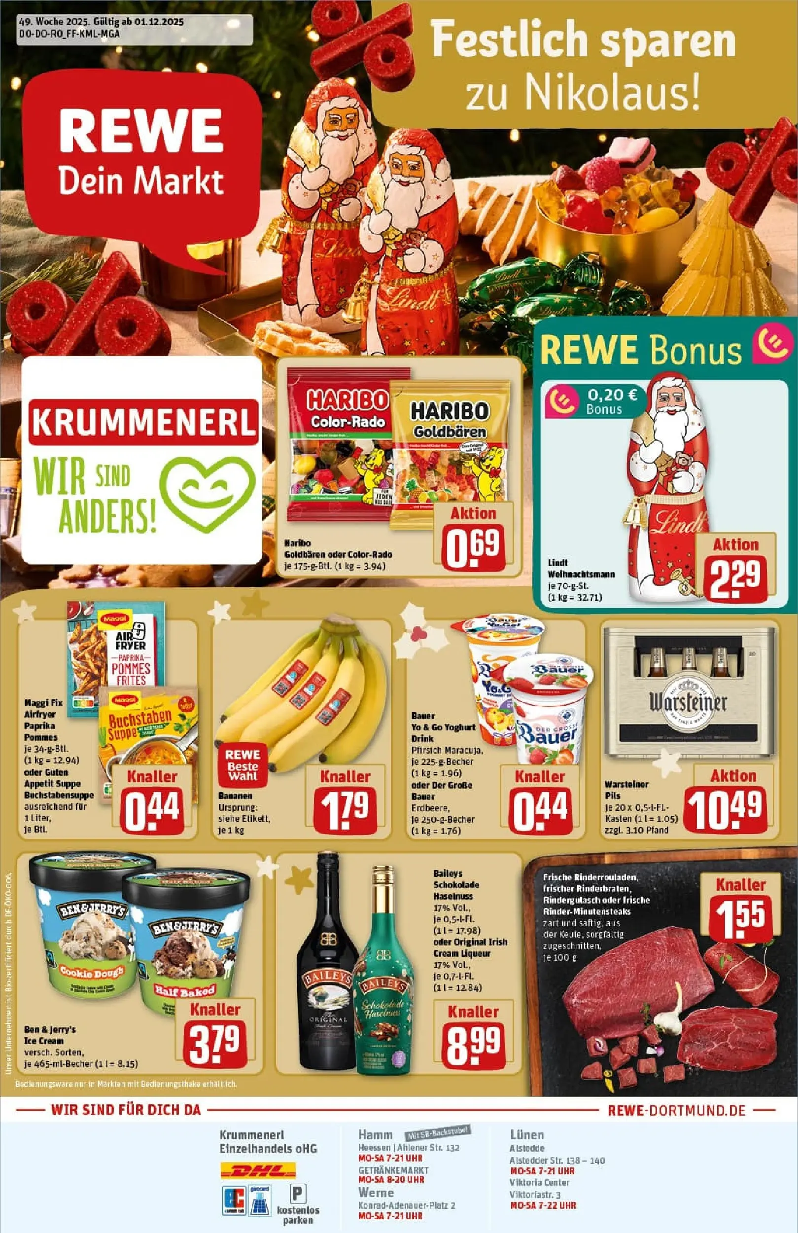 REWE Prospekt ab 01.12.2025 zum Blättern » Angebote | Seite: 1 | Produkte: Haribo, Pommes, Bananen, Ben & Jerry's