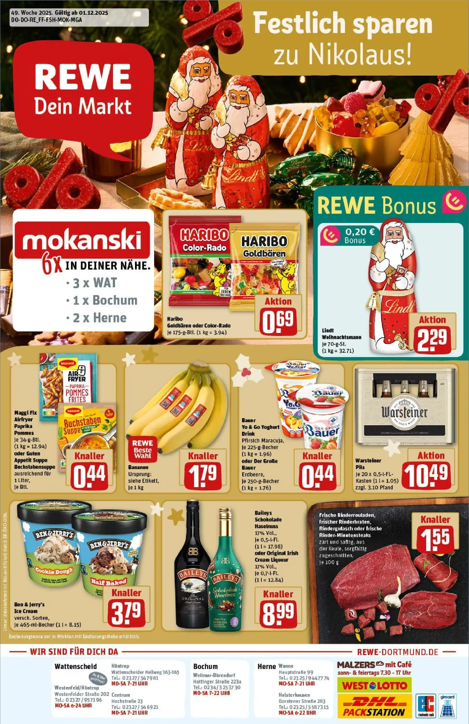 REWE Prospekt ab 01.12.2025 zum Blättern » Angebote | Seite: 1 | Produkte: Schokolade, Bananen, Ben & Jerry's, Lindt