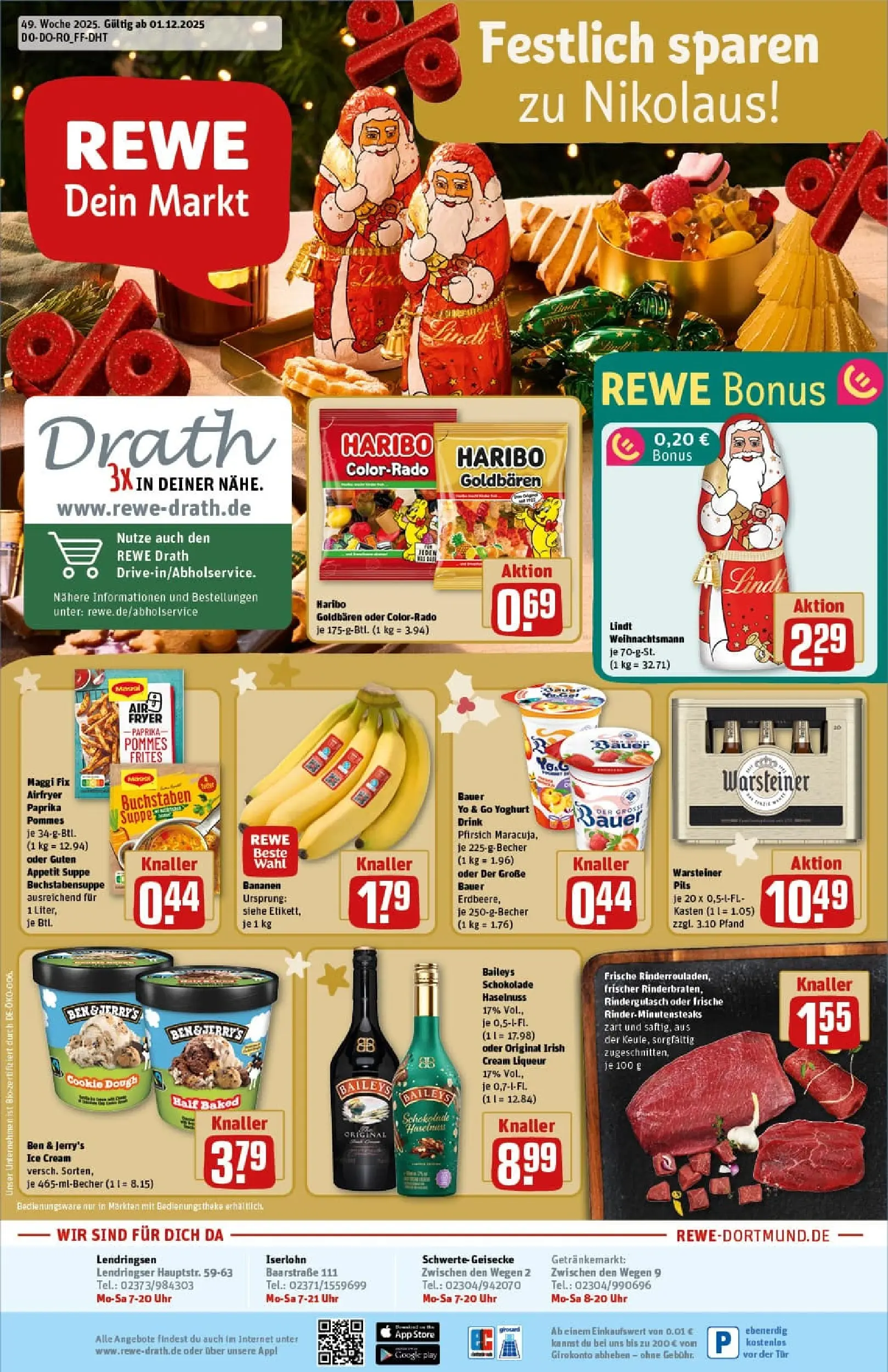 REWE Prospekt ab 01.12.2025 zum Blättern » Angebote | Seite: 1 | Produkte: Haribo, Schokolade, Tür, Ben & Jerry's