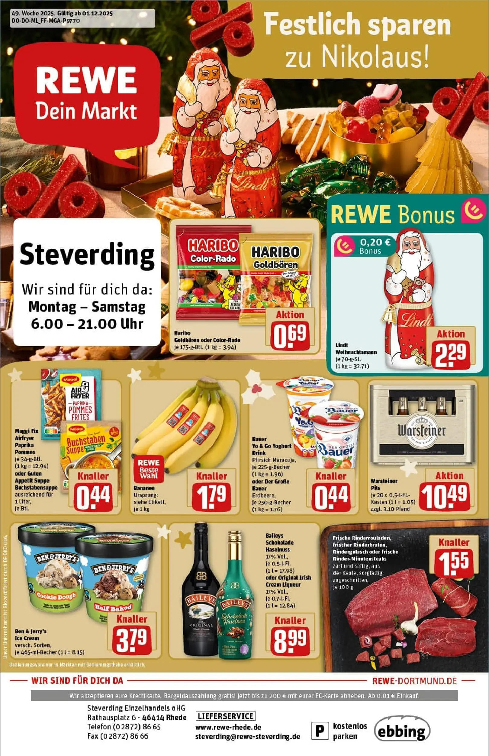 REWE Prospekt ab 01.12.2025 zum Blättern » Angebote | Seite: 1 | Produkte: Schokolade, Pils, Pfirsich, Lindt